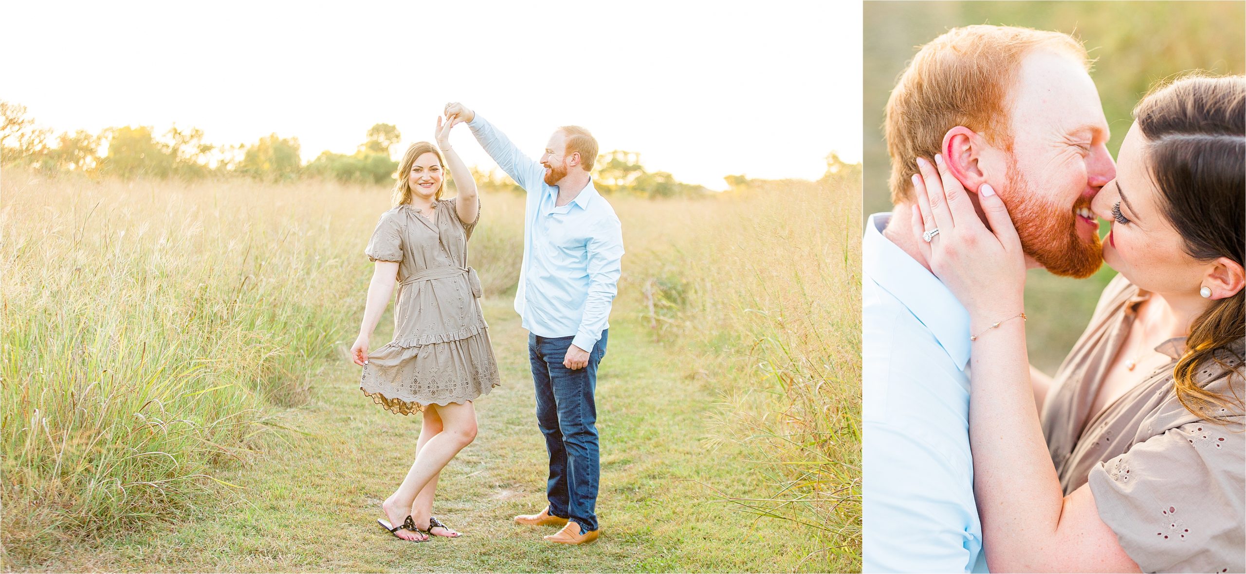 A couple dances and shares kisses in a field surrounded by tall grass during their sunset engagement at Cibolo Creek Nature Center in Boerne, Texas