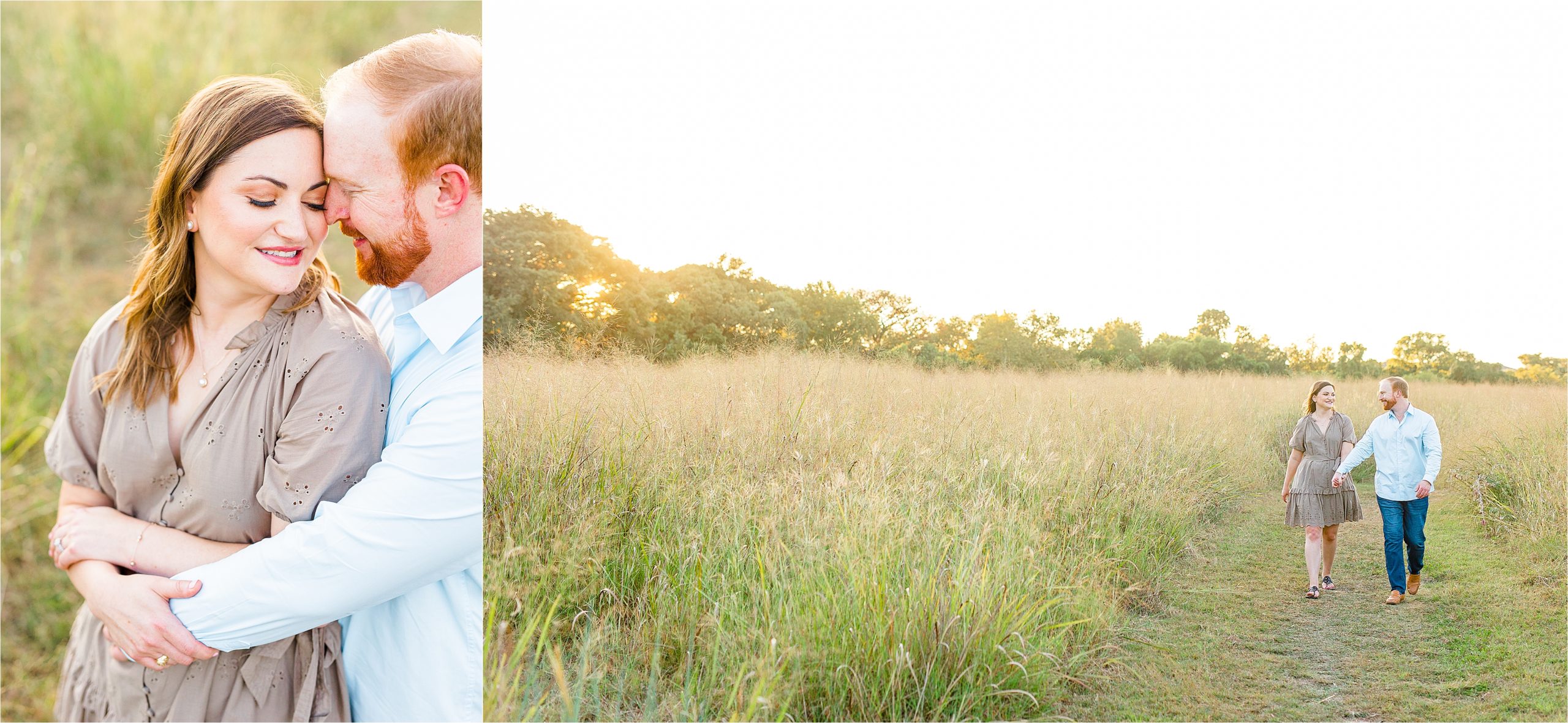 A couple embraces and hols hands as the sun sets behind them during their engagement session at Cibolo Creek Nature Center with San Antonio Wedding Photographer Jillian Hogan Photography 