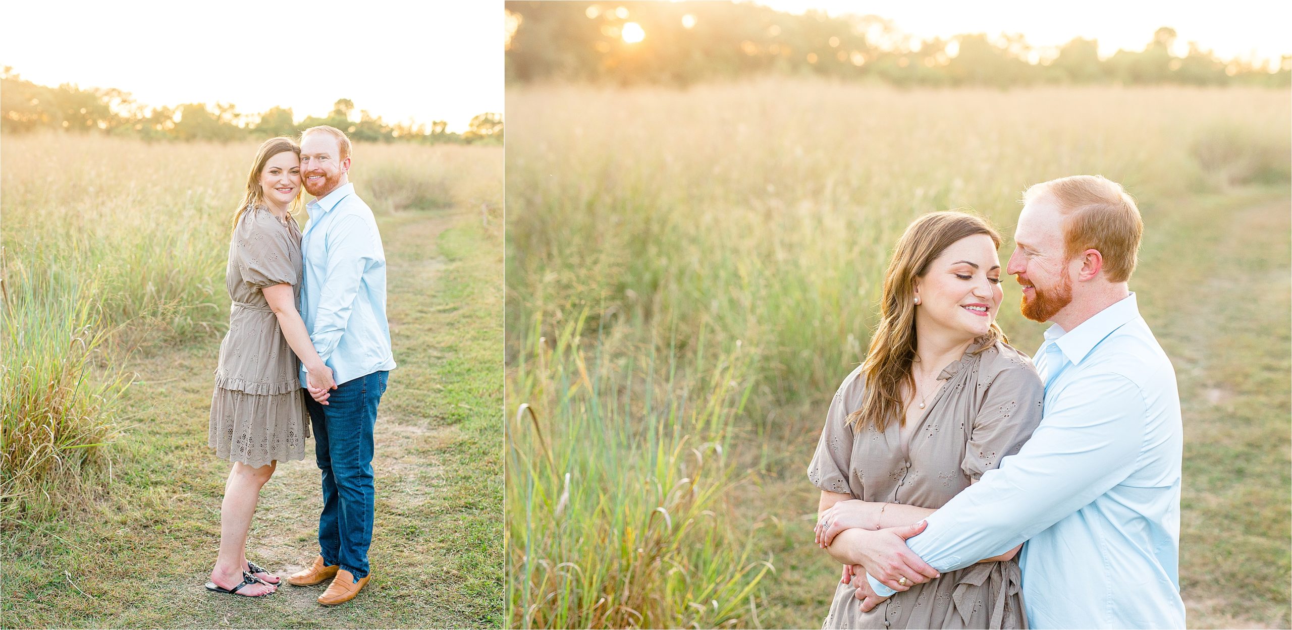 A couple embraces in a field with the sunset behind them during their San Antonio Engagement at Cibolo Creek