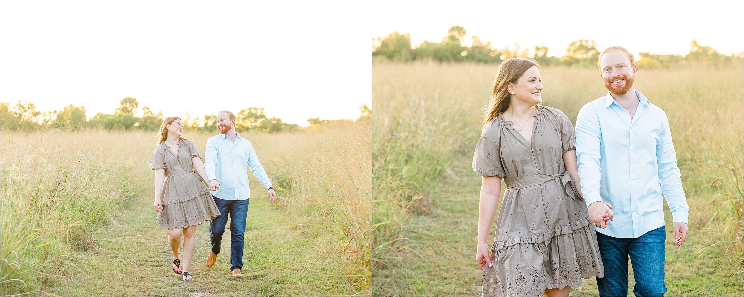 An engaged couple walks through a field holding hands and laughing during their sunset San Antonio Engagement Session at Cibolo Creek Nature Center. 