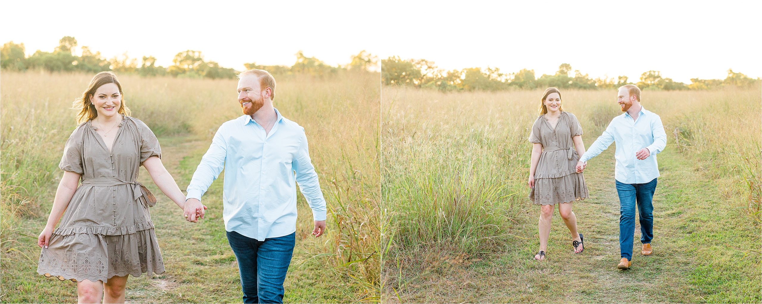 A couple in a field runs together and laughs during their San Antonio sunset engagement session at Cibolo Creek Nature Center