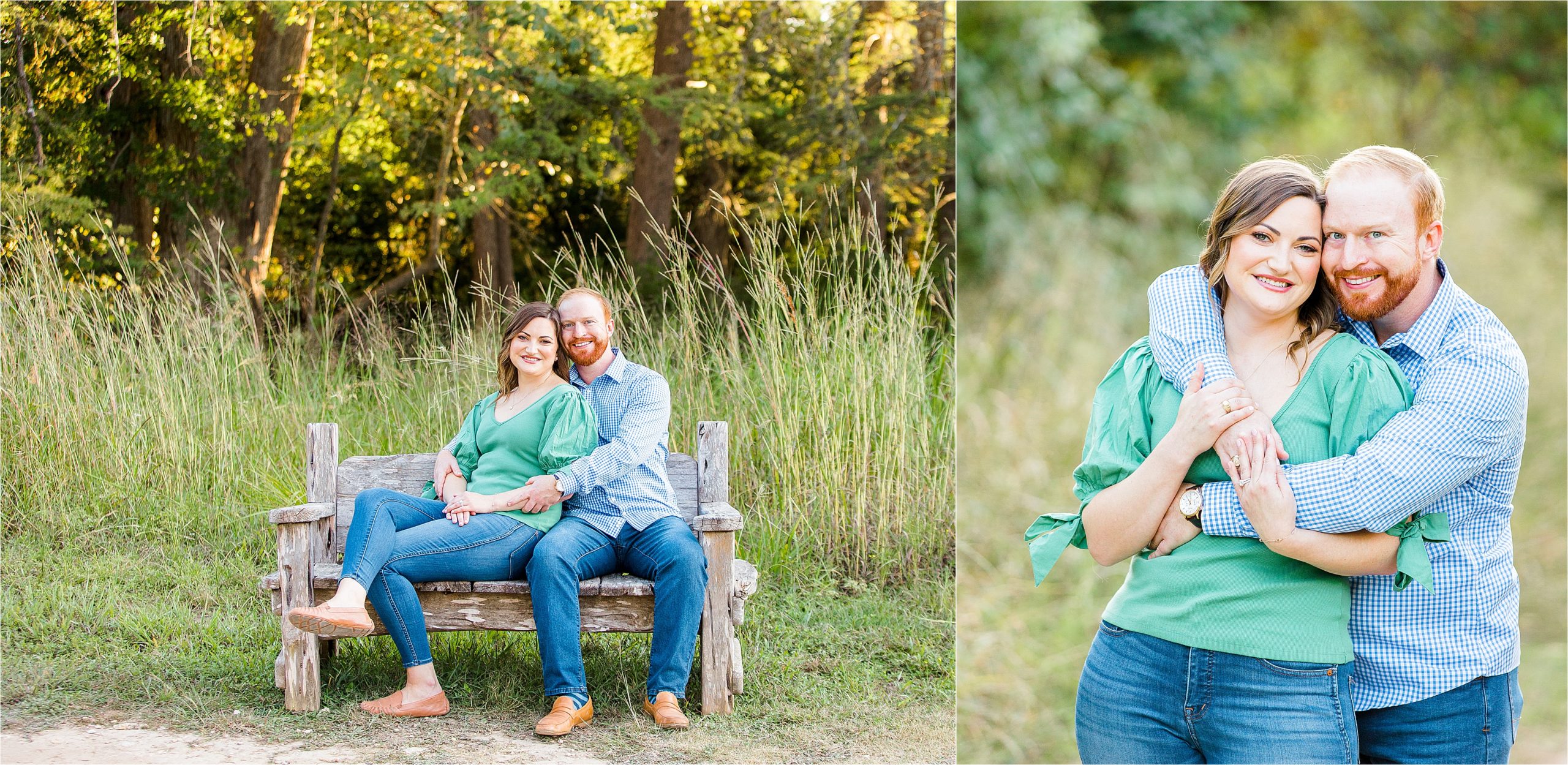A couple hugs and embraces on a bench during their sunny fall engagement session at Cibolo Creek Nature Center in Boerne, Texas