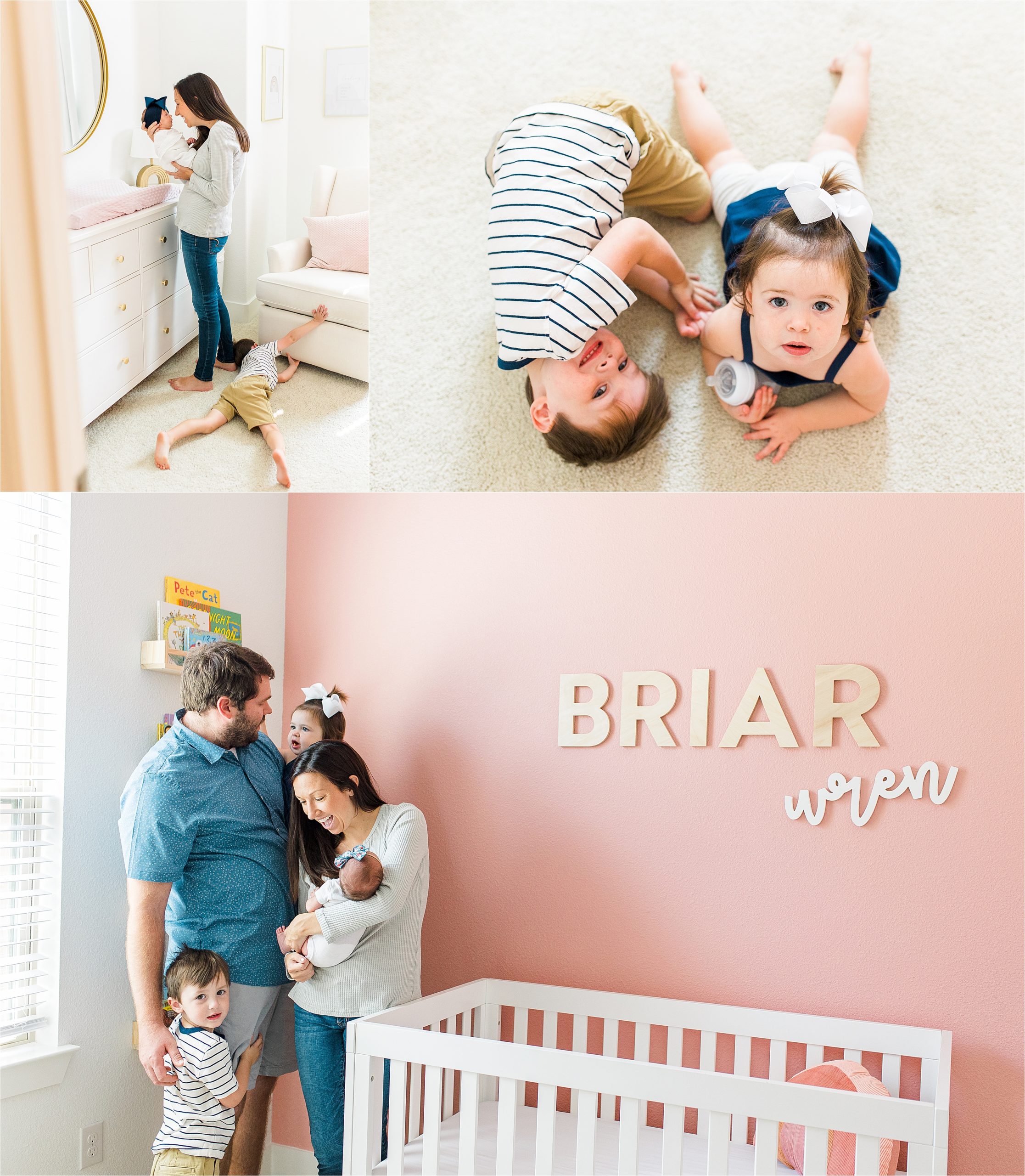 A mom nuzzles her newborn while big brother plays at her feet and a family embraces in front of their newborn daughter's crib during their in home newborn portrait session in San Antonio, Texas