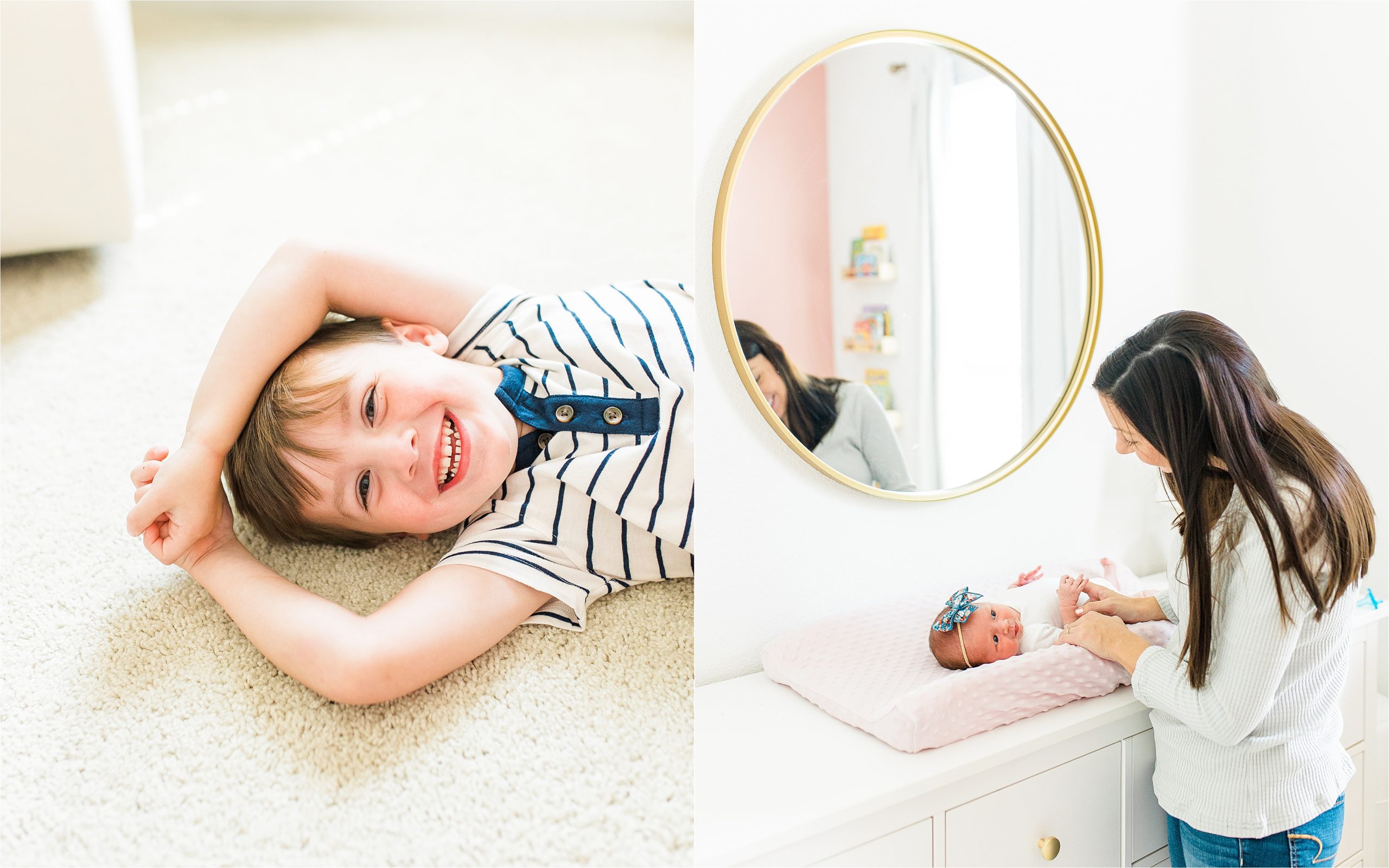 A little boy laughs at the camera while laying with his arms above his head and his mom looks at her newborn baby girl in pink nursery during their lifestyle newborn session 