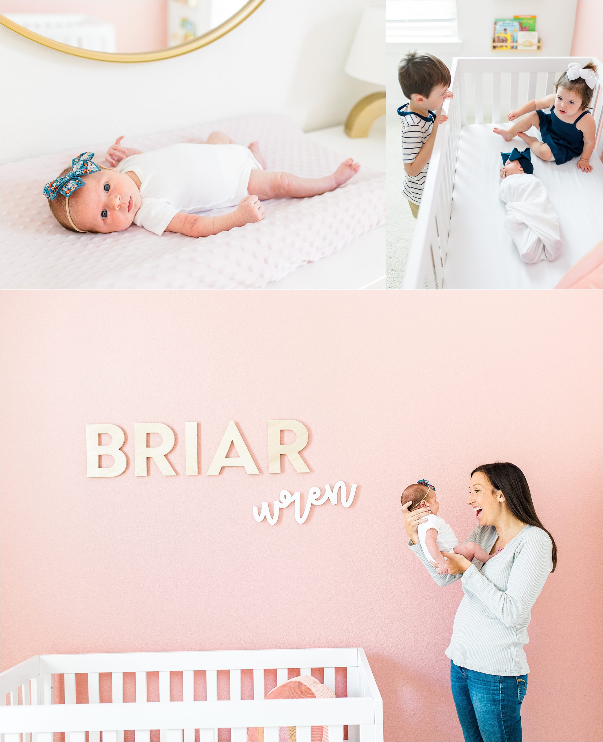 A newborn baby girl looks at the camera and her mom embraces her in front of her name on the wall which says, "Briar", during their San Antonio lifestyle newborn photos 