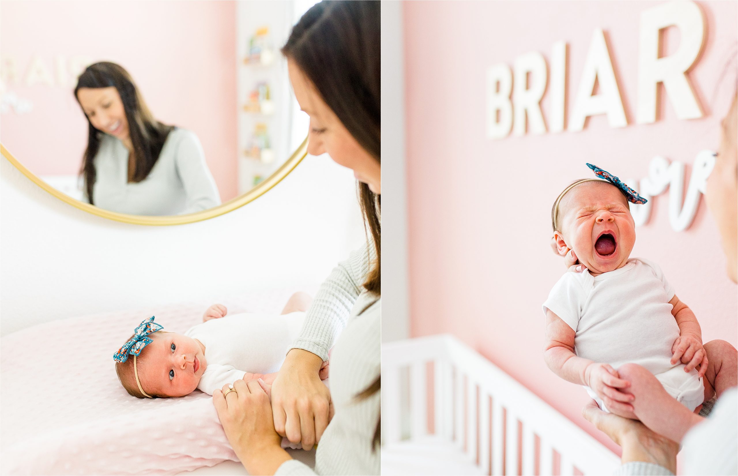 A newborn baby girl yawns and her mom looks on lovingly during their in home newborn photos in a pink nursery