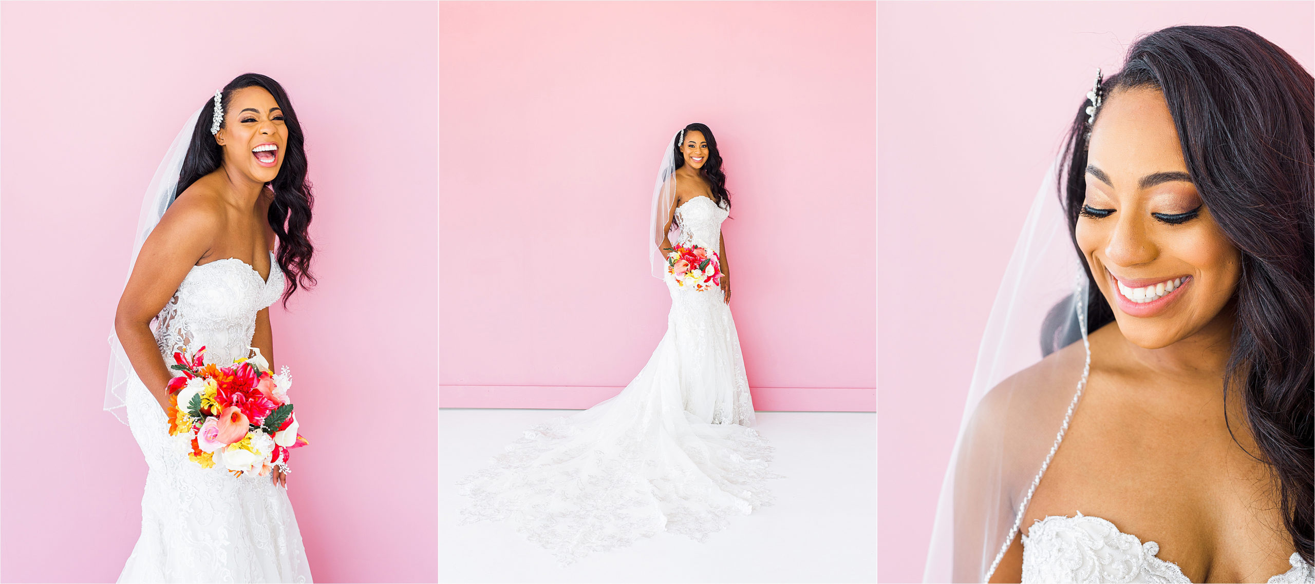 A bride to be has belly laughs in front of a bright pink backdrop during her studio bridal session with San Antonio Wedding Photographer Jillian Hogan 