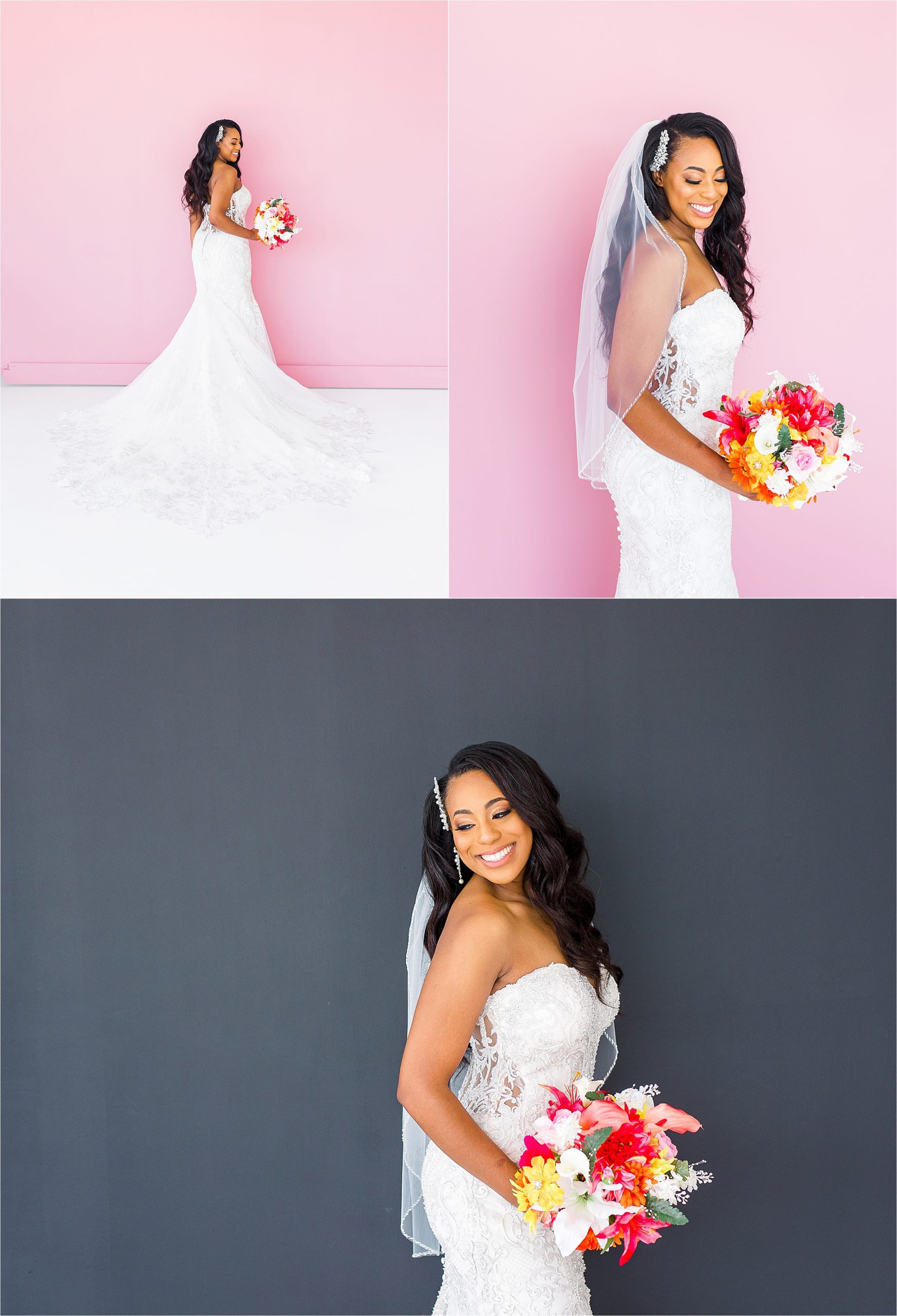A beautiful, black bride shows off the back of her lace wedding dress and looks over her shoulder with a colorful wedding bouquet during her studio bridal portraits with San Antonio Wedding Photographer Jillian Hogan 