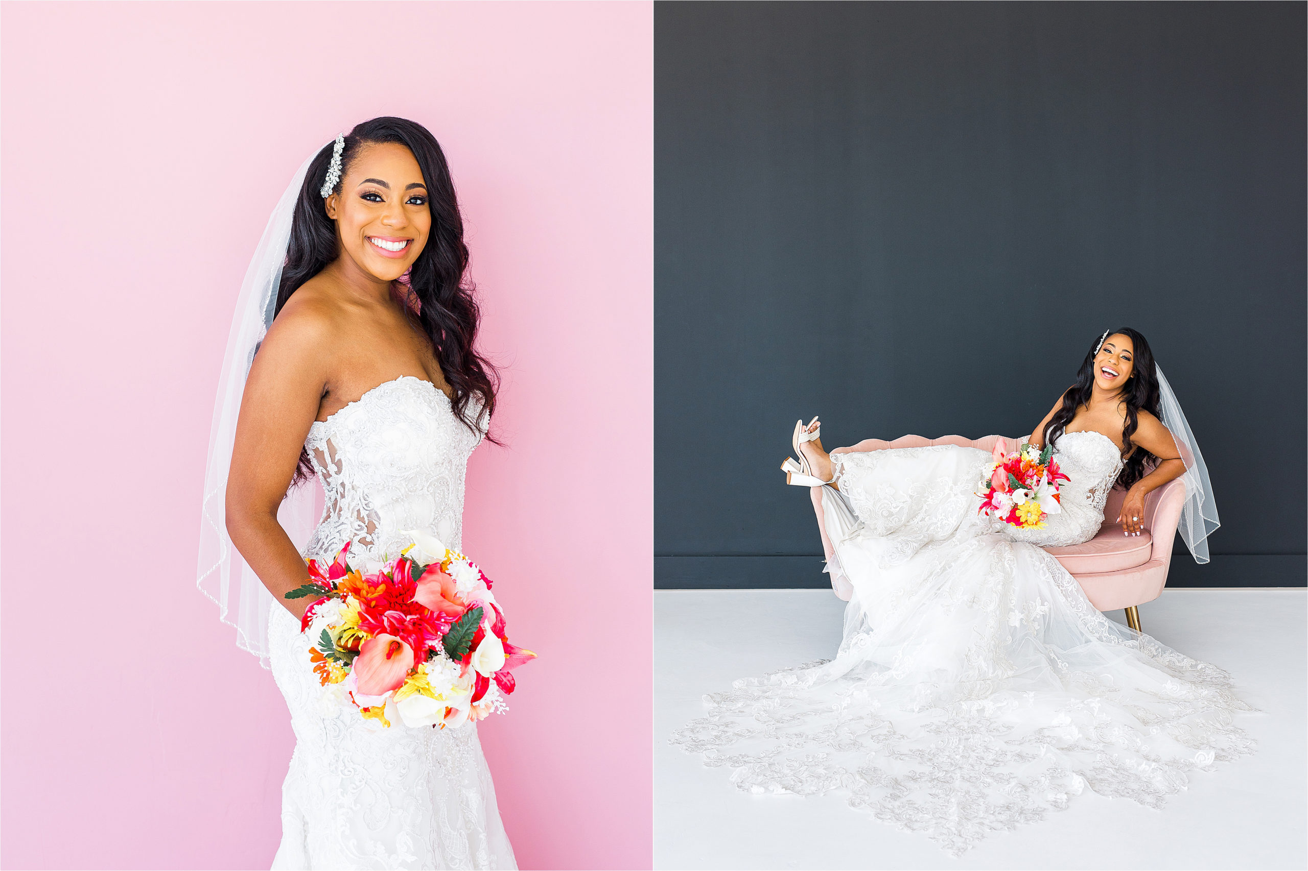 A beautiful bride in a lace gown and long dark hair holds a colorful bouquet and lounges on a pretty pink couch during her studio bridal session with San Antonio Wedding Photographer Jillian Hogan 