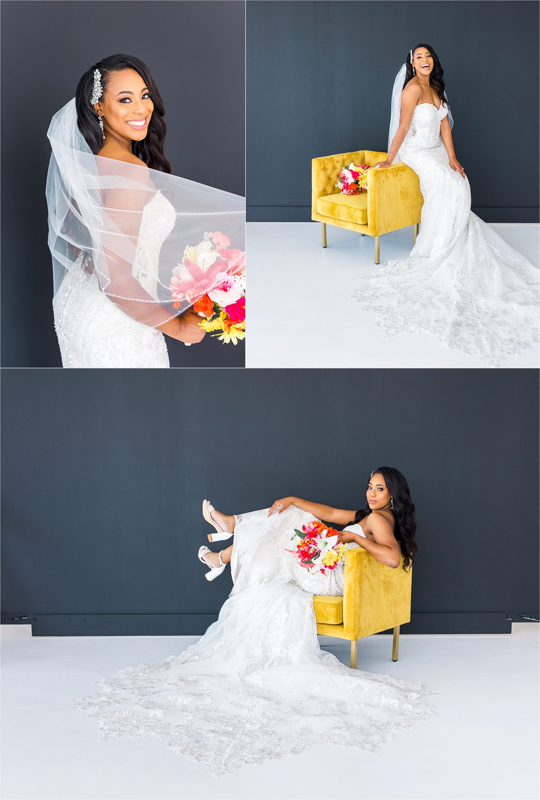 A bride to be lounges in a mustard yellow chair and sits on the side laughing during her Bridal Portraits with San Antonio Wedding Photographer Jillian Hogan 