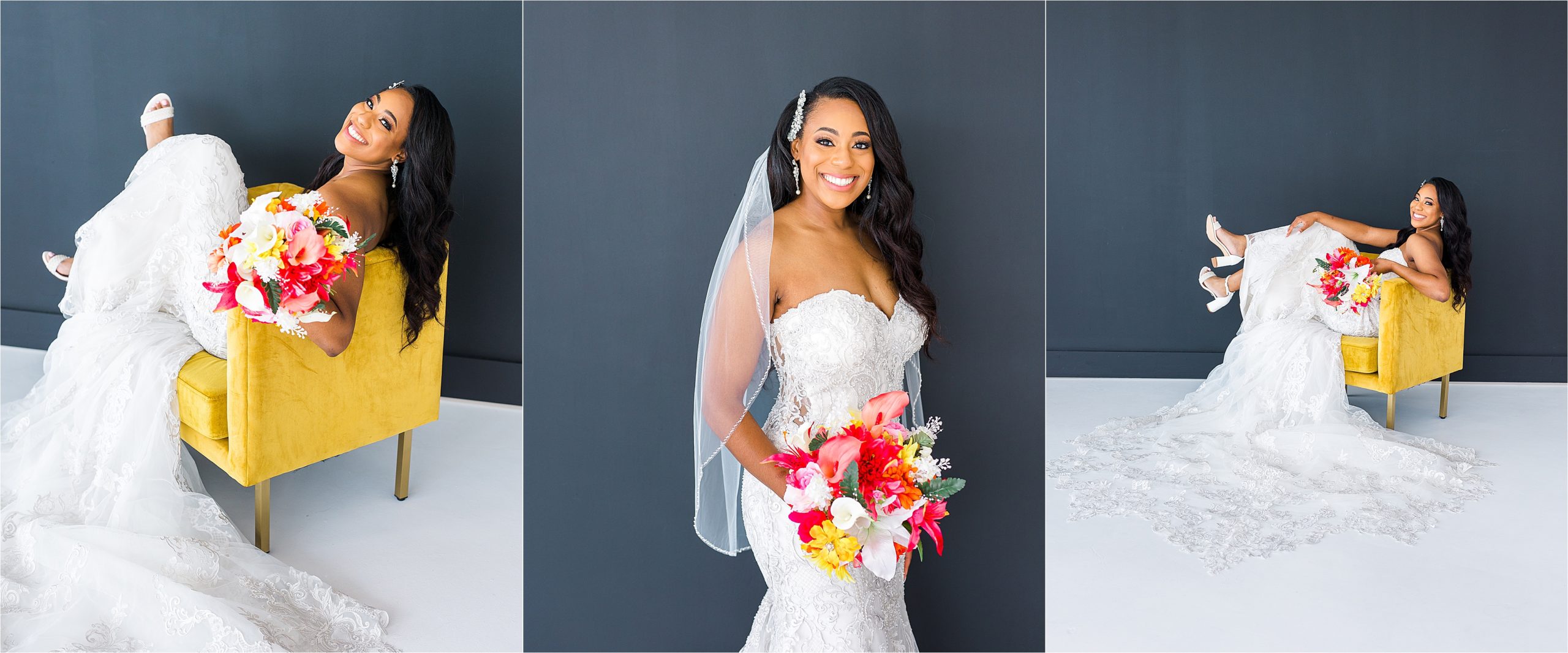 A beautiful black bride lounges, laughs and holds her colorful bouquet in a mustard yellow chair during her san antonio bridal portraits 
