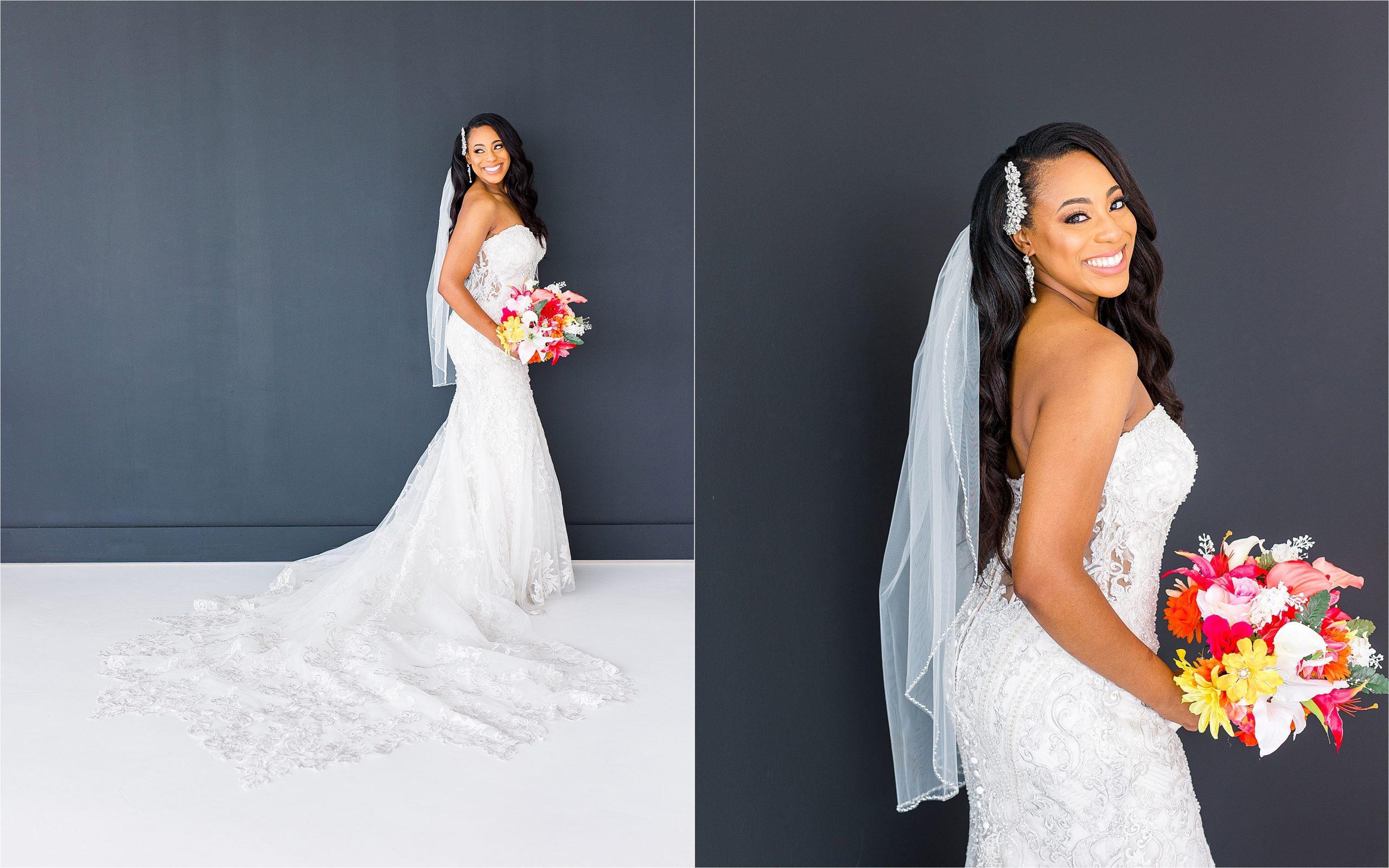 A bride to be smiles over her shoulders with her wedding veil behind her and holding a colorful bouquet in front of a black backdrop for her bridal portraits with San Antonio Wedding Photographer Jillian Hogan 