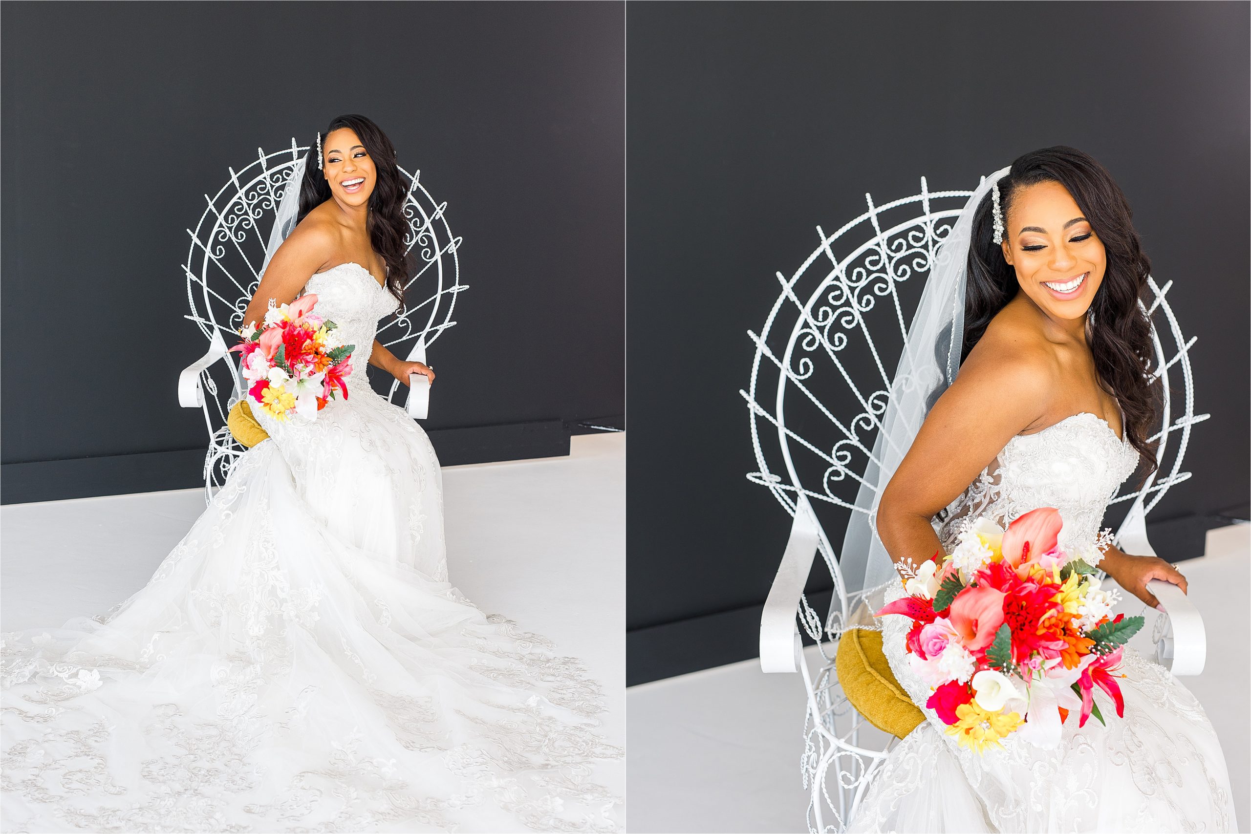A beautiful bride with long dark hair and a veil laughs over her shoulder while sitting in a game of thrones inspired white chair in front of a black backdrop during her san antonio bridal portraits with Jillian Hogan Photography 