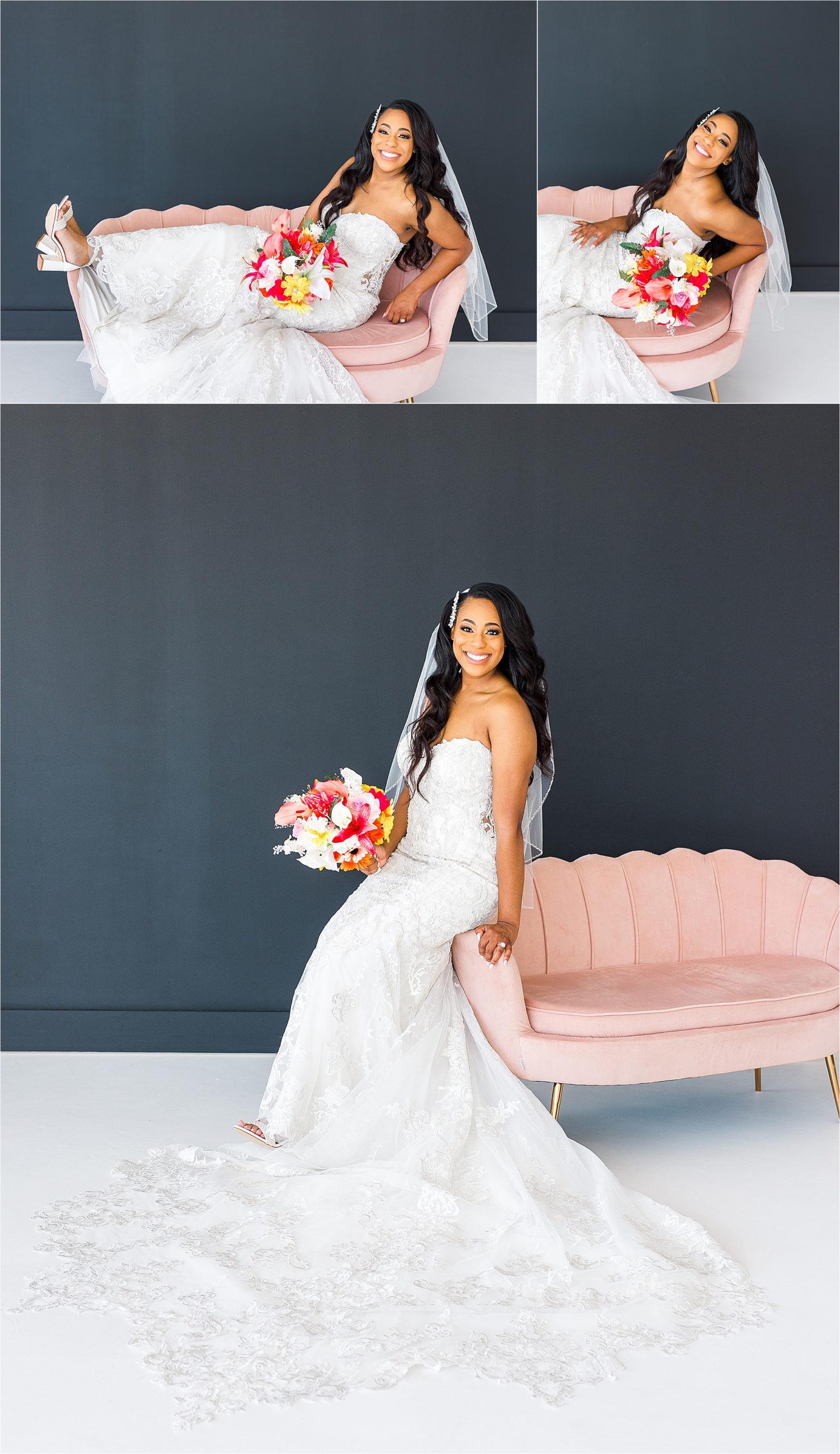 A beautiful black bride with long hair, a veil and lace dress leans on a pretty pink couch and laughs into the camera during her studio bridal portraits in San Antonio Texas just a month before her wedding 