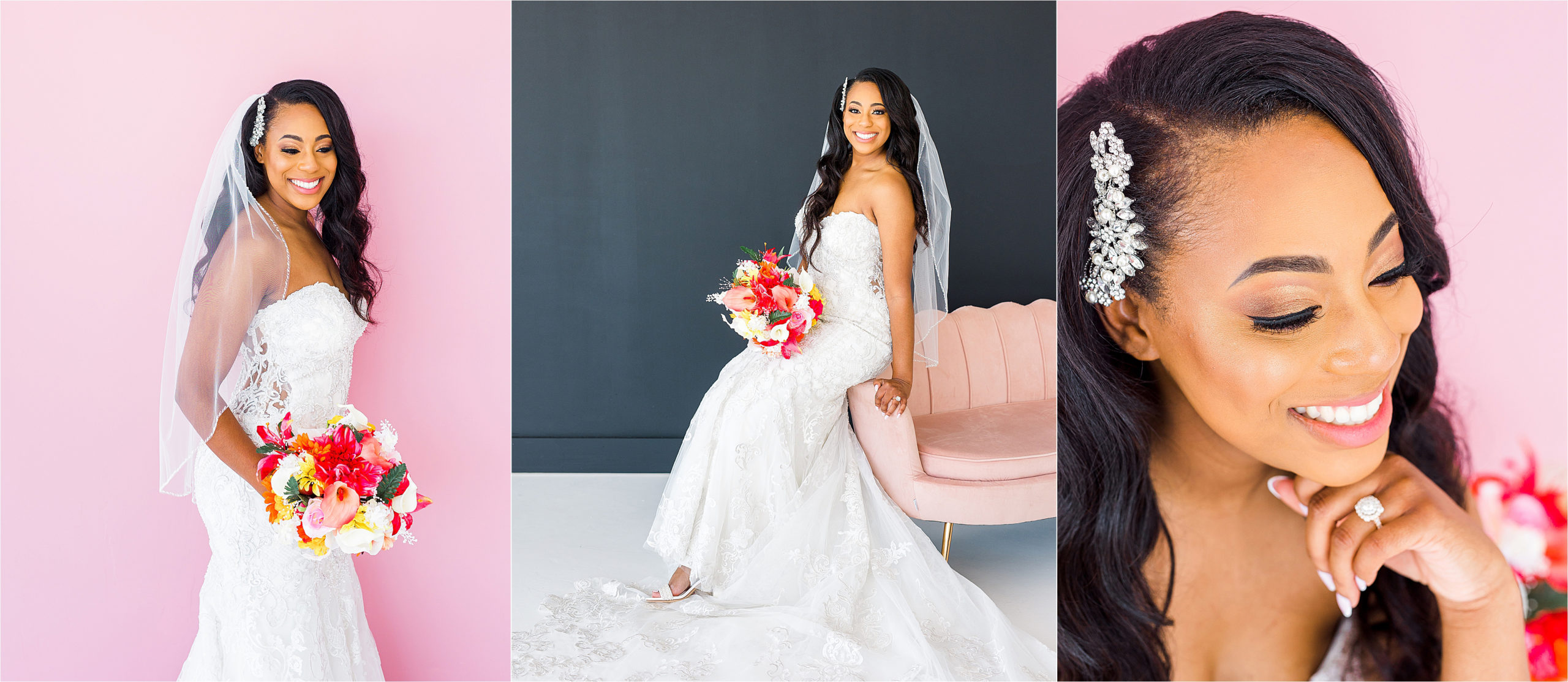 A beautiful bride glances over her shoulder and sits on the edge of a pink chair in a lace gown during her san antonio studio bridal session with Jillian Hogan Photography 