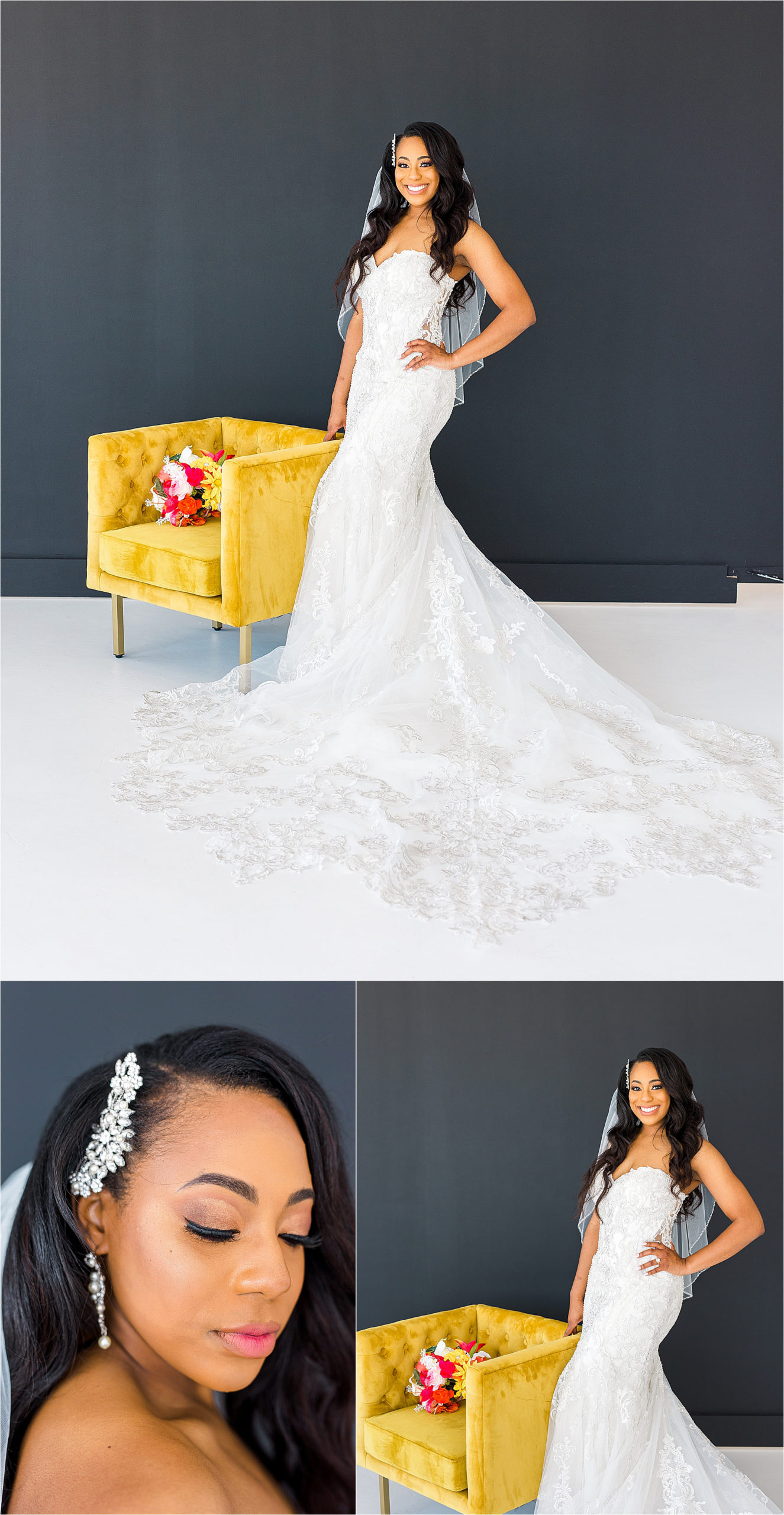 A stunning bride stands in front of a mustard chair with her hand on her hip smiling at the camera for her studio bridal portraits with Austin Wedding Photographer Jillian Hogan 