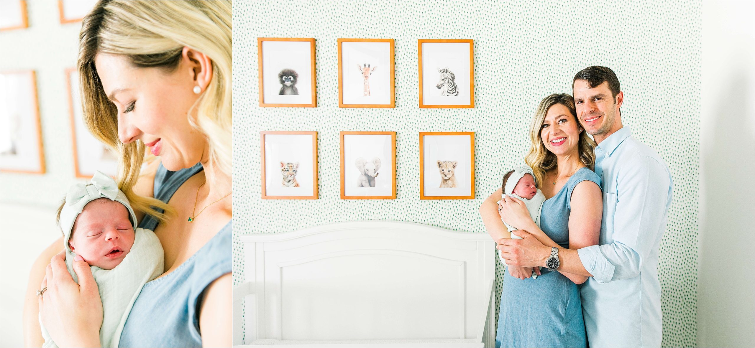 Big smiles as new parents cradle their baby girl in her adorable green wallpapered nursery during their in home lifestyle newborn session in San Antonio