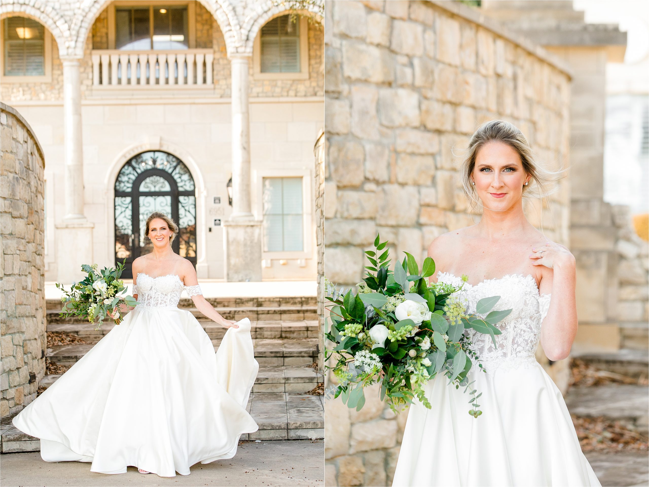 Soft smiles, greenery bouquet and a beautiful off the shoulder wedding dress for Hannahs winter bridal portraits at adriatica village in McKinney, Texas 