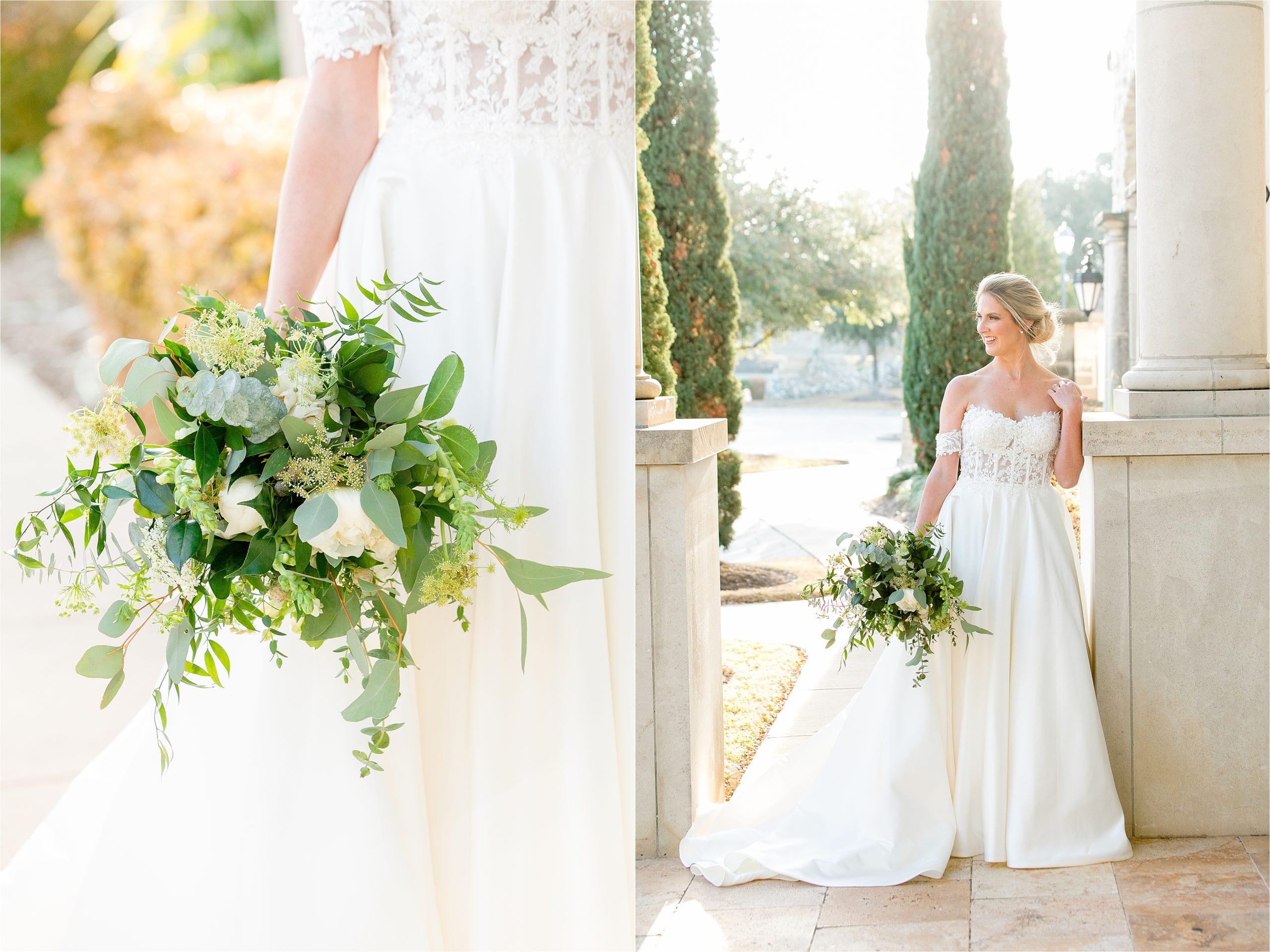 A bride holds a lush bouquet with lots of greenery and looks off into the distance in front of stone pillars at adriatica village with Austin Wedding Photographer Jillian Hogan 