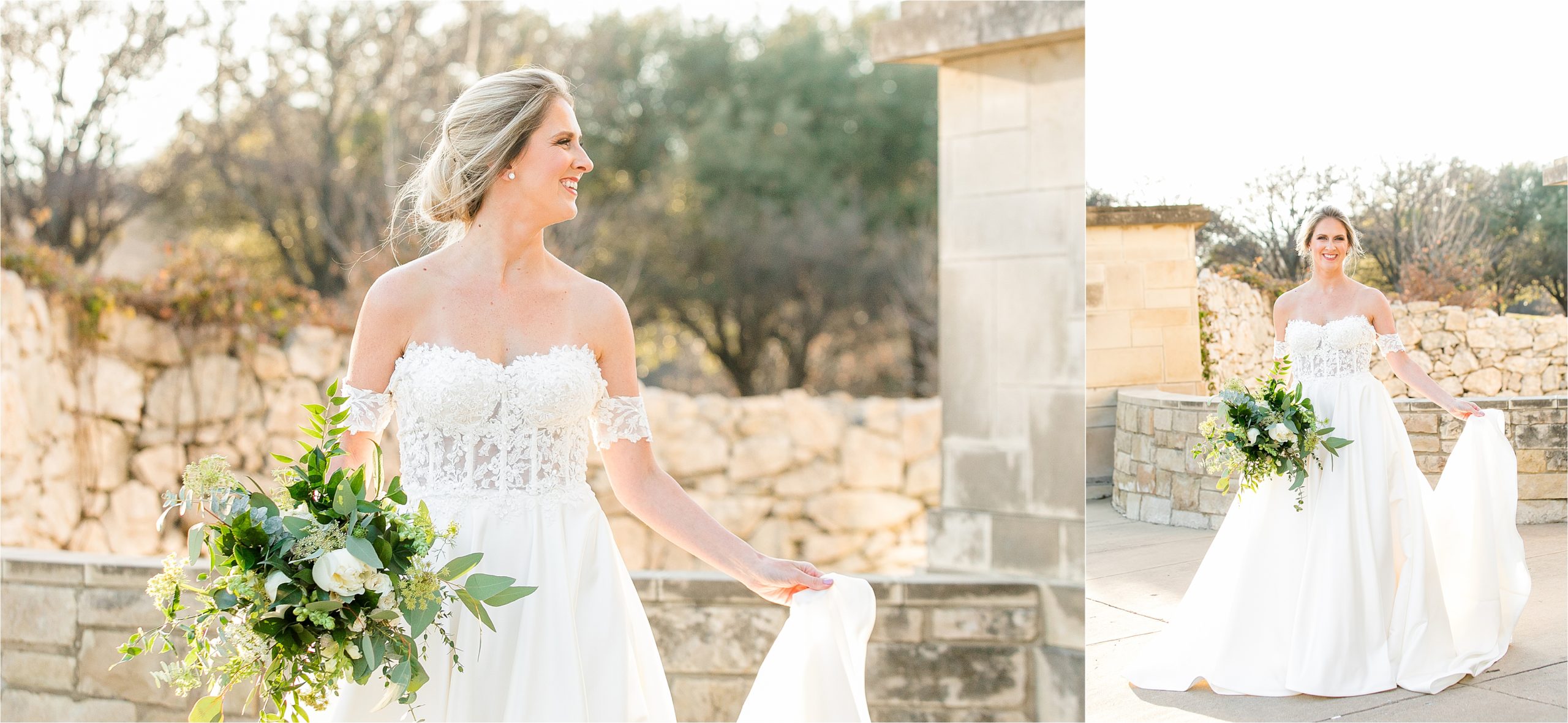A bride in an off the shoulder wedding gown holds onto her dress and greenery filled bouquet during her winter bridal portraits at adriatica village with San Antonio Wedding Photographer Jillian Hogan 