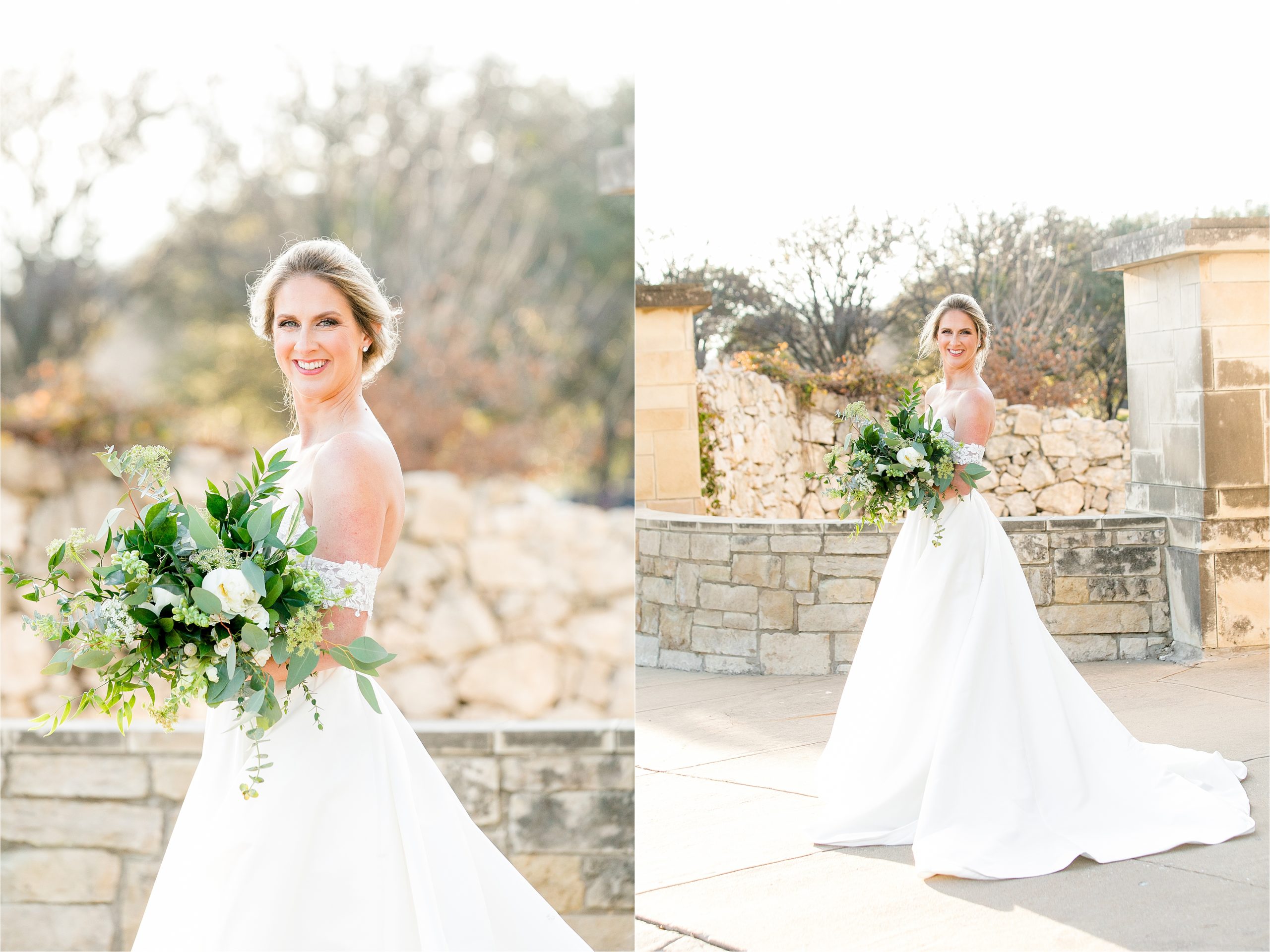 A bride to be cradles her greenery filled wedding bouquet in front of stone wall at adriatica village with Hill Country Wedding PHotographer Jillian Hogan 