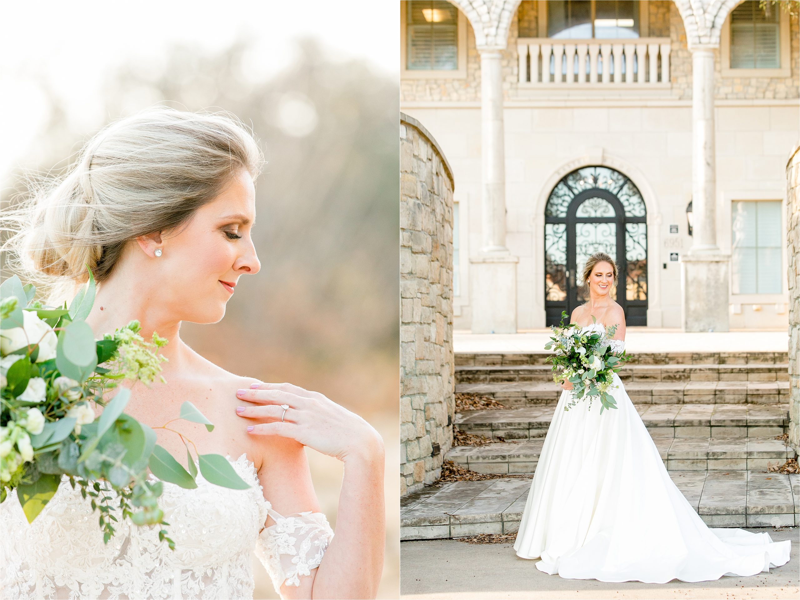A bride looks down and relaxes her hand on her shoulder to show off her engagement ring and greenery filled bouquet in front of stone building at adriatica village 