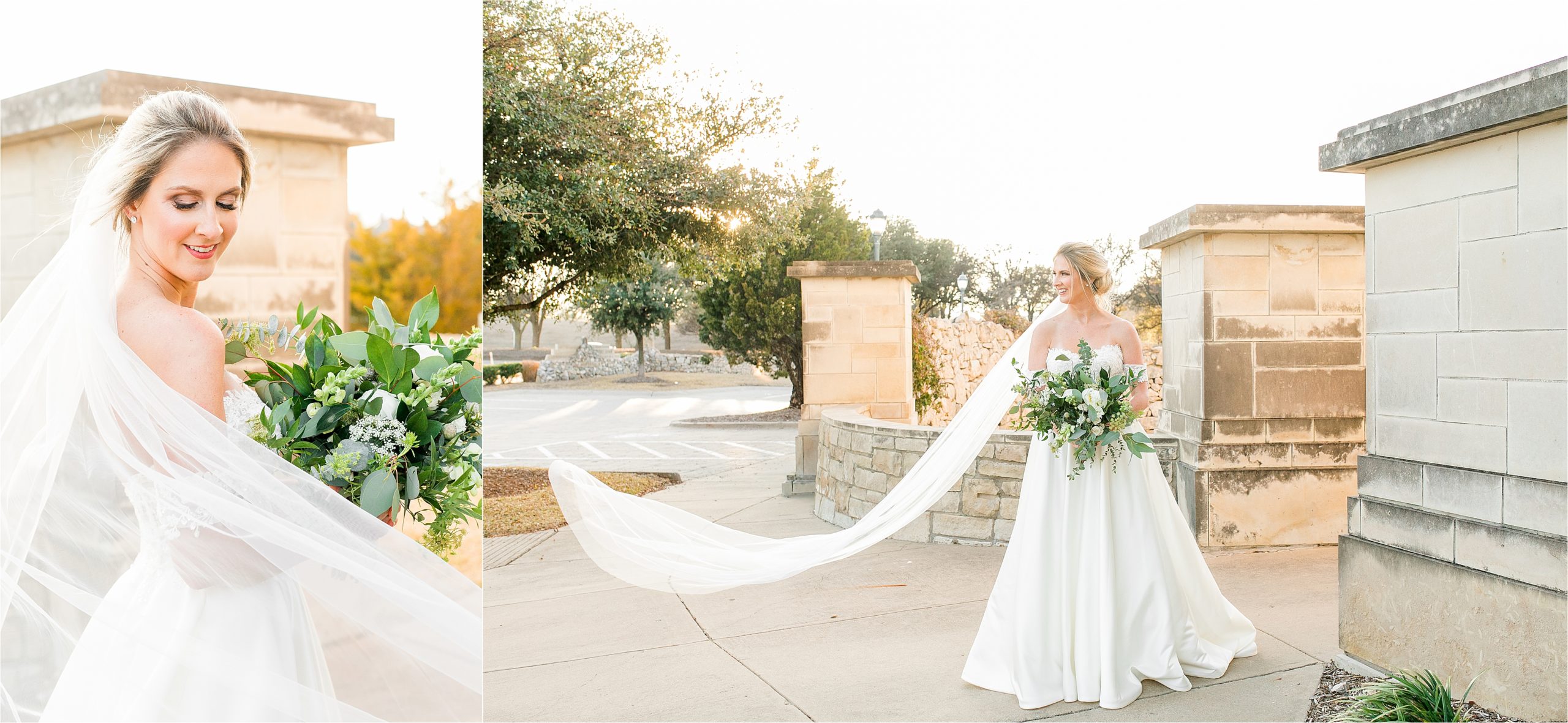 A bride in an off the shoulder lace gown is draped in her veil as it floats in the air in front of a stone ledge at adriatica village with Hill Country Wedding photographer Jillian Hogan 