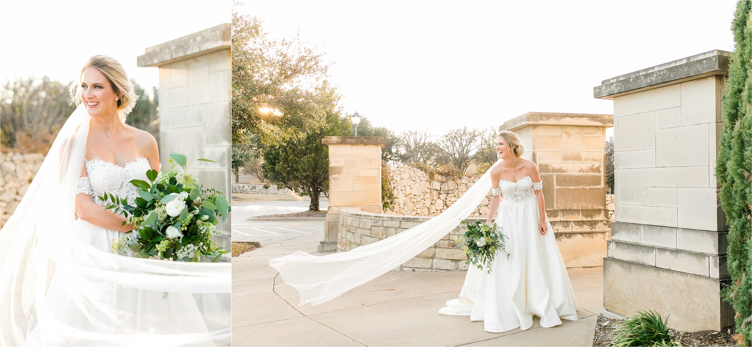 A bride's veil floats in front of her and out in the distance while she laughs in front of a stone wall at adriatica village with san antonio wedding photographer 