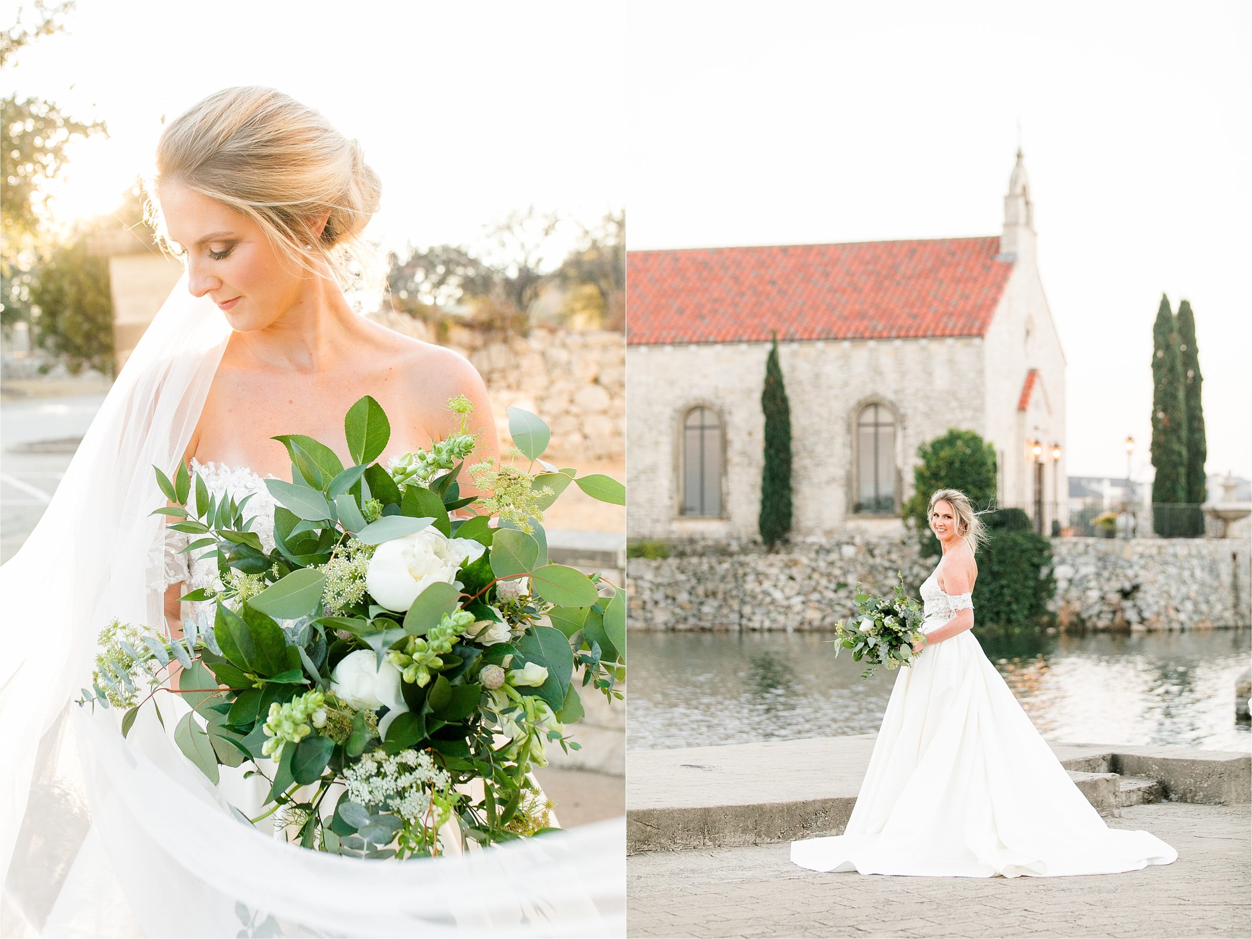 A bride poses in front of bella donna chapel with a lush green bouquet for her adriatica bridal portraits 