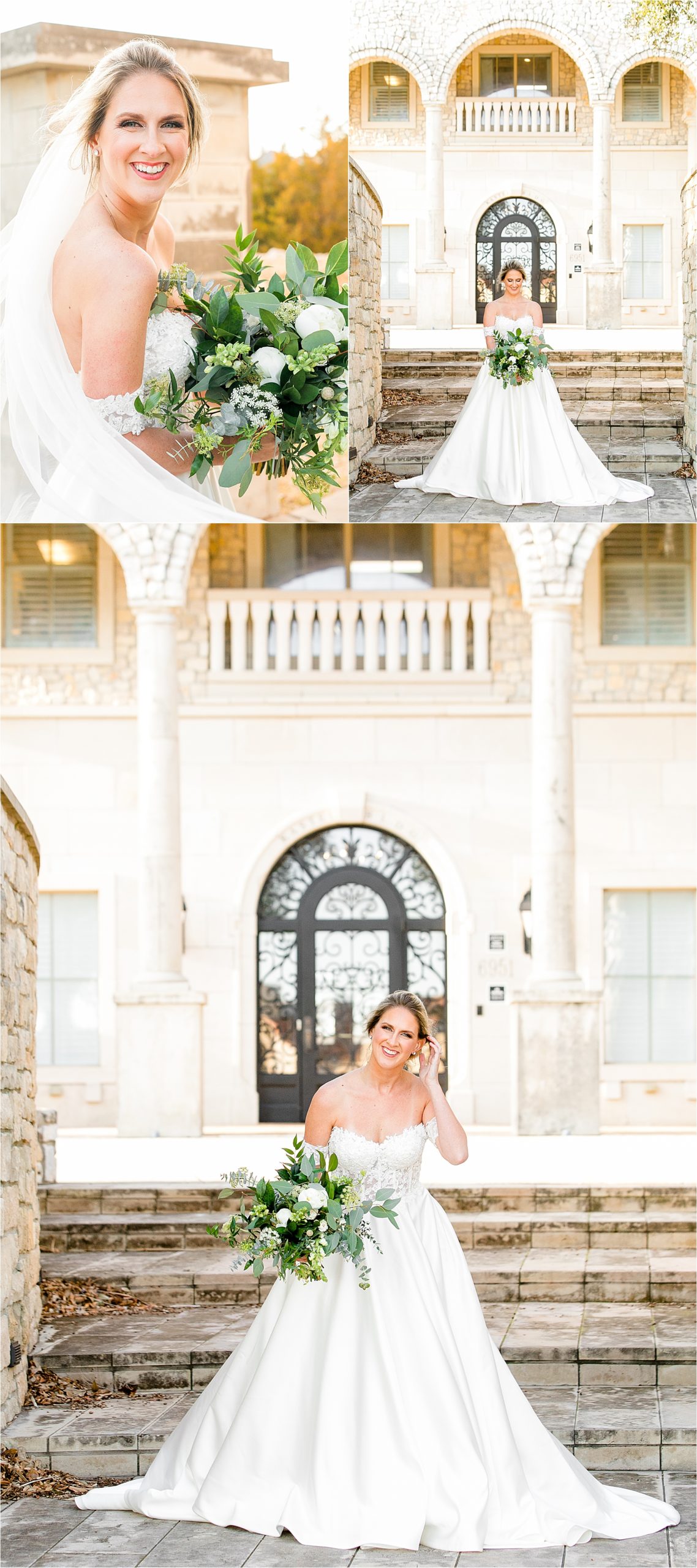 A full portrait of a bride looking straight into the camera in her off the shoulder wedding gown at adriatica village for her bridal portraits with san antonio wedding photographer jillian hogan 