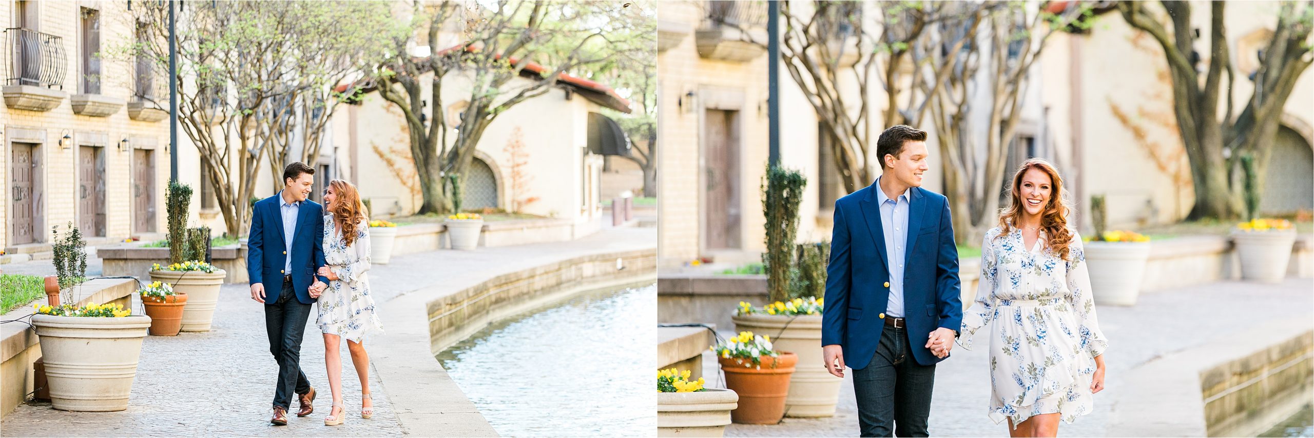 A couple holds hands and walks along their river during their RIverwalk inspired engagement session with San Antonio Wedding Photographer Jilian Hogan 