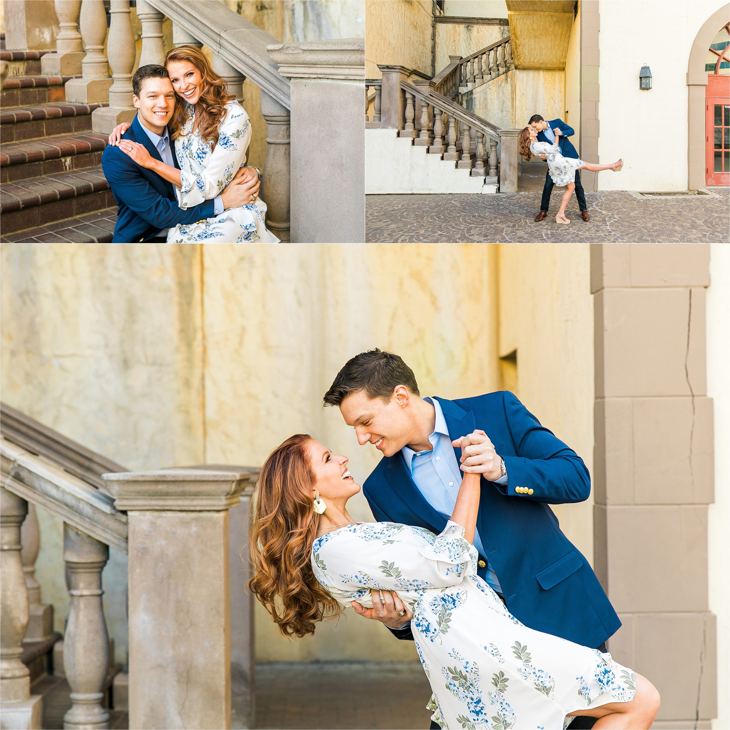 Miss Texas 2016 and her fiance smile cheek to cheek and he dips her as they share a dance for their old world inspired engagement session with San Antonio Wedding Photographer Jillian Hogan 
