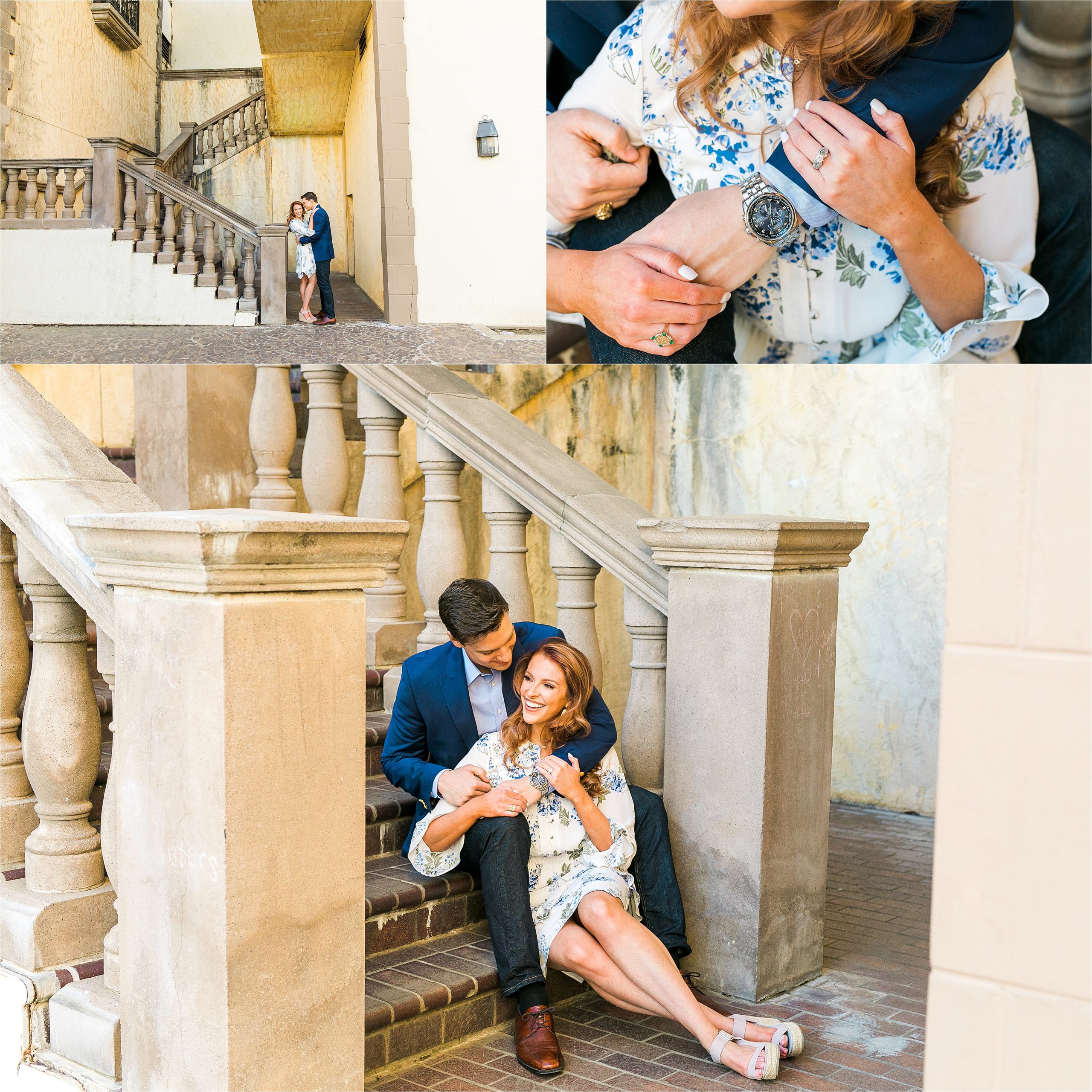 An engaged couple embraces and sits on an old staircase together for their riverwalk inspired engagement session with San Antonio Wedding Photographer Jillian Hogan 
