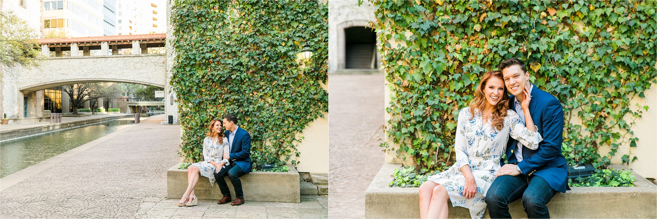 A couple sits together in a bluebonnet dress and navy suite in front of a lush ivy wall during their riverwalk engagement session with San Antonio Wedding Photographer Jillian Hogan 