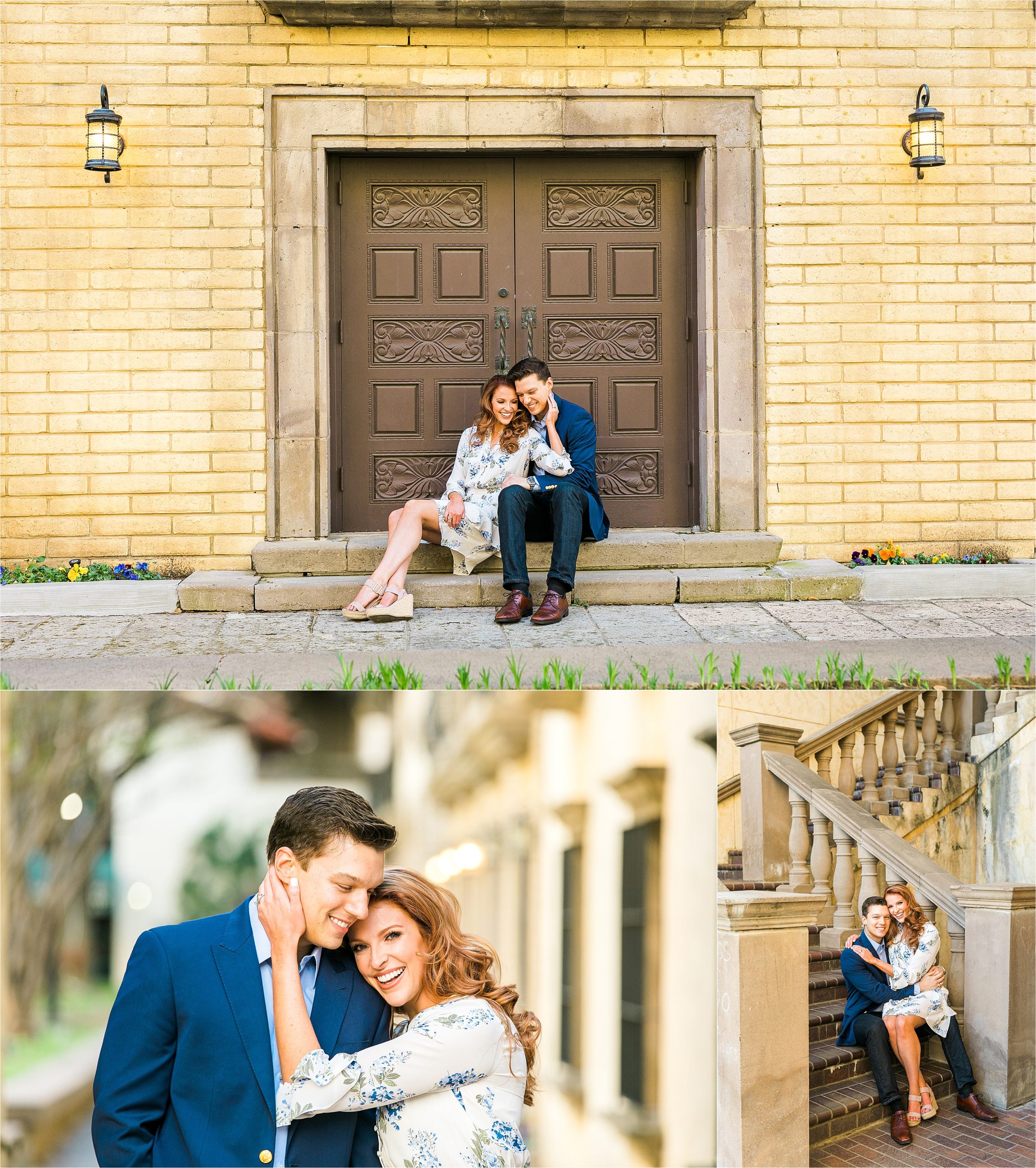 Miss Texas 2016 leans into her fiance rubbing his cheek in front of an old building for their riverwalk inspired engagement session with San Antonio Wedding Photographer Jillian Hogan 