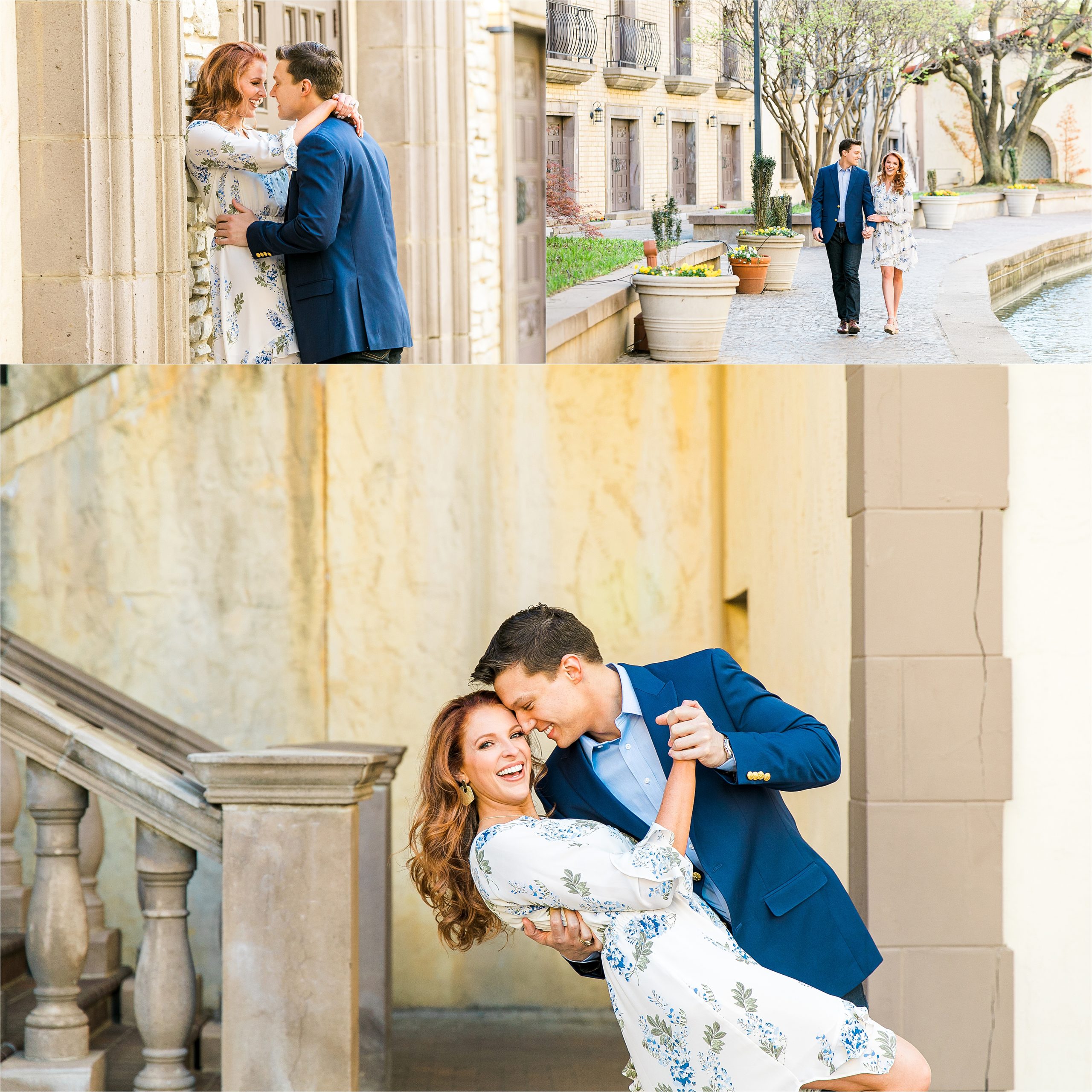 An engaged couple shares laughs, nuzzles and a dance in an alley dressed in white and blue for their san antonio riverwalk inspired engagement session 
