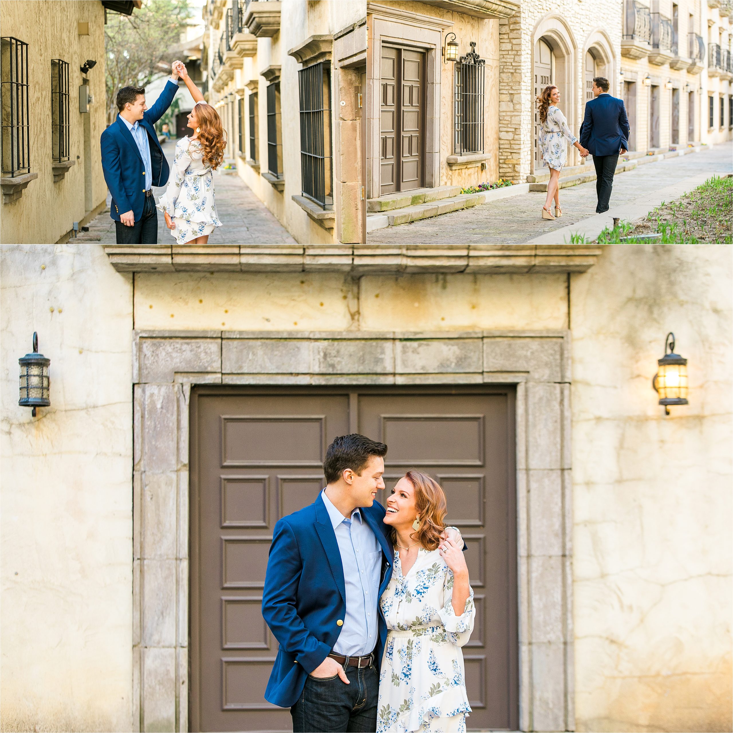 An engaged couple twirl in the alley and hug in front of an old building for their San Antonio RIverwalk inspired engagement session with Engagement Photographer Jillian Hogan 