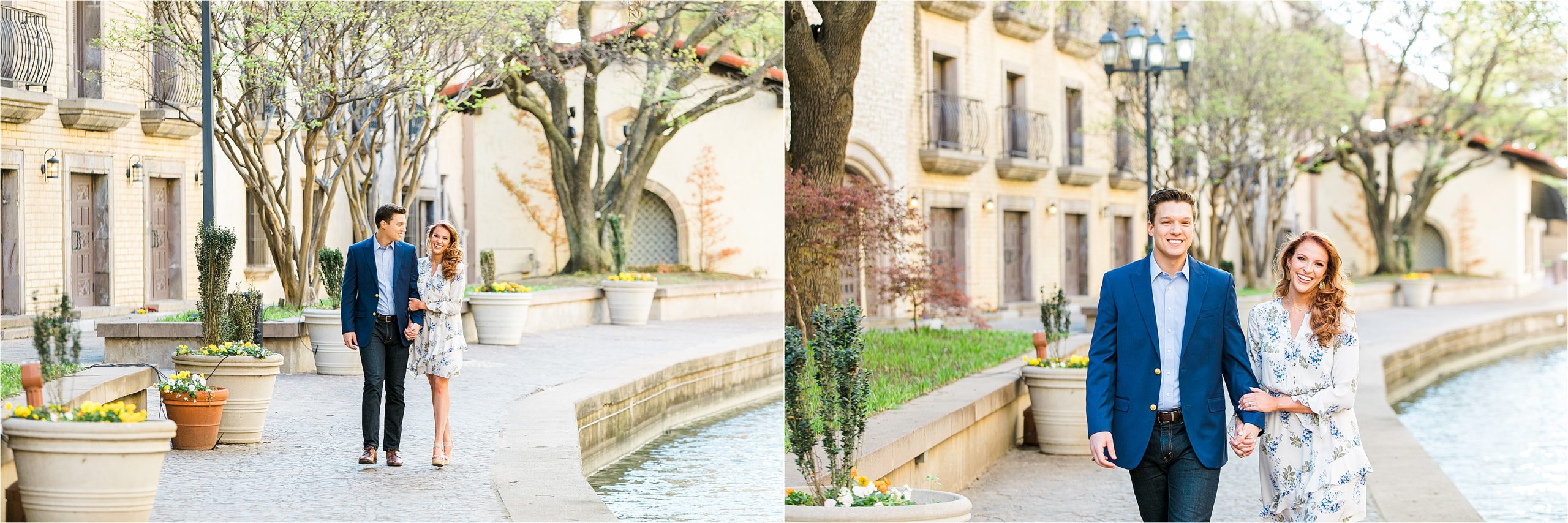 Miss Texas 2016 and her fiance walk along the mandalay canals dressed in navy and white for their San Antonio Inspired river walk engagement session 