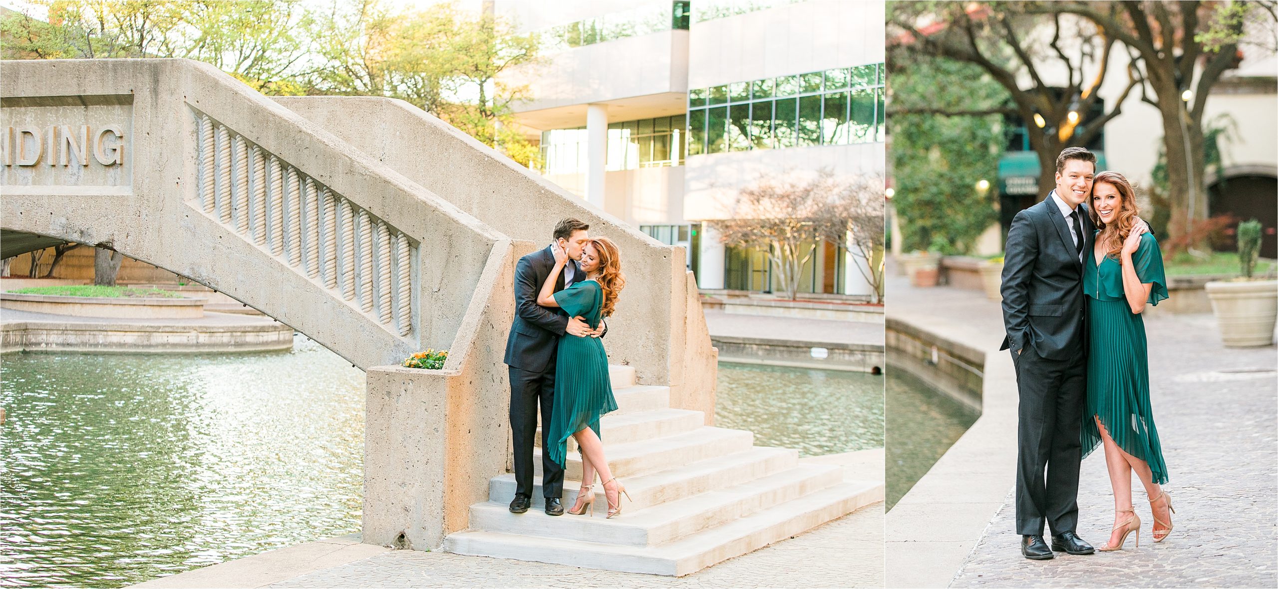 Kisses on the cheek in front of a bridge and big smiles for this engaged couple dressed in an emerald dress and grey suit for their riverwalk inspired engagement session with San Antonio Wedding Photographer Jilian Hogan Photography 