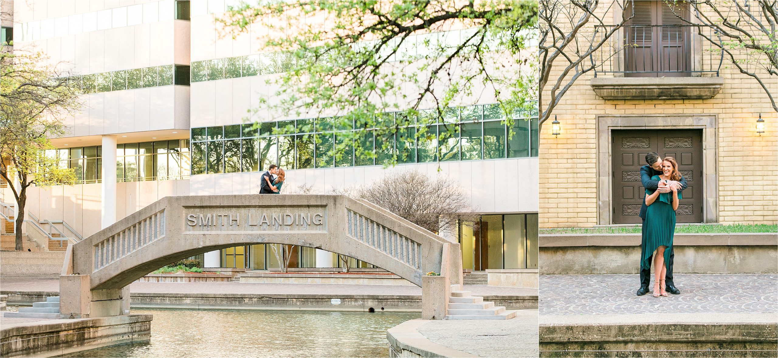 A couple kisses on a bridge in the distance that connects two sides of the riverwalk during their spring engagement session with San Antonio Wedding Photographer Jillian Hogan Photography 