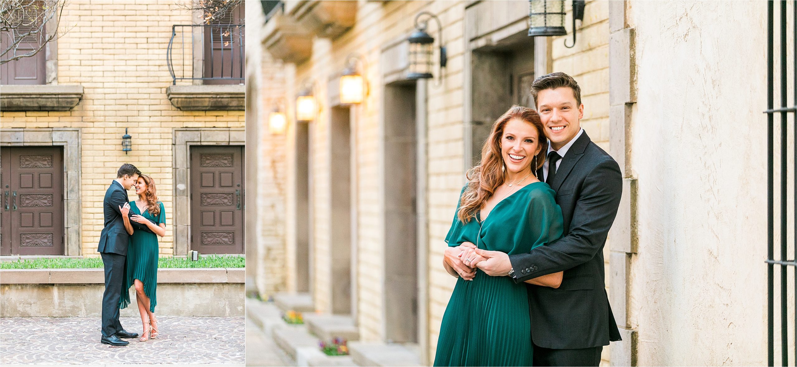 A couple hugs and shares a big smile in front of old european looking buildings during their san antonio riverwalk inspired engagement session 