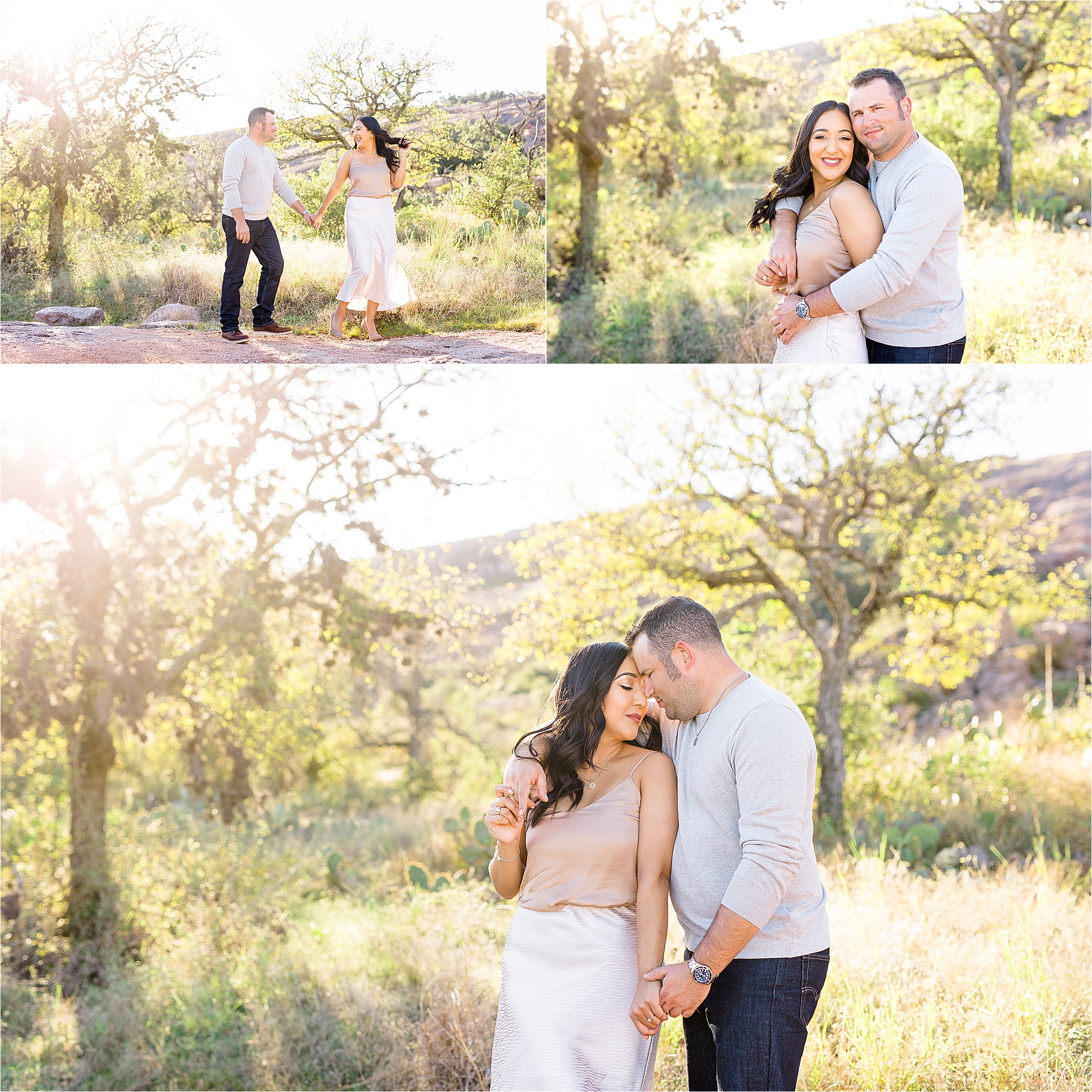 An engaged couple hugs in front of desert like scenery during their Enchanted Rock Engagement Session with Texas Hill Country Wedding Photographer Jillian Hogan 