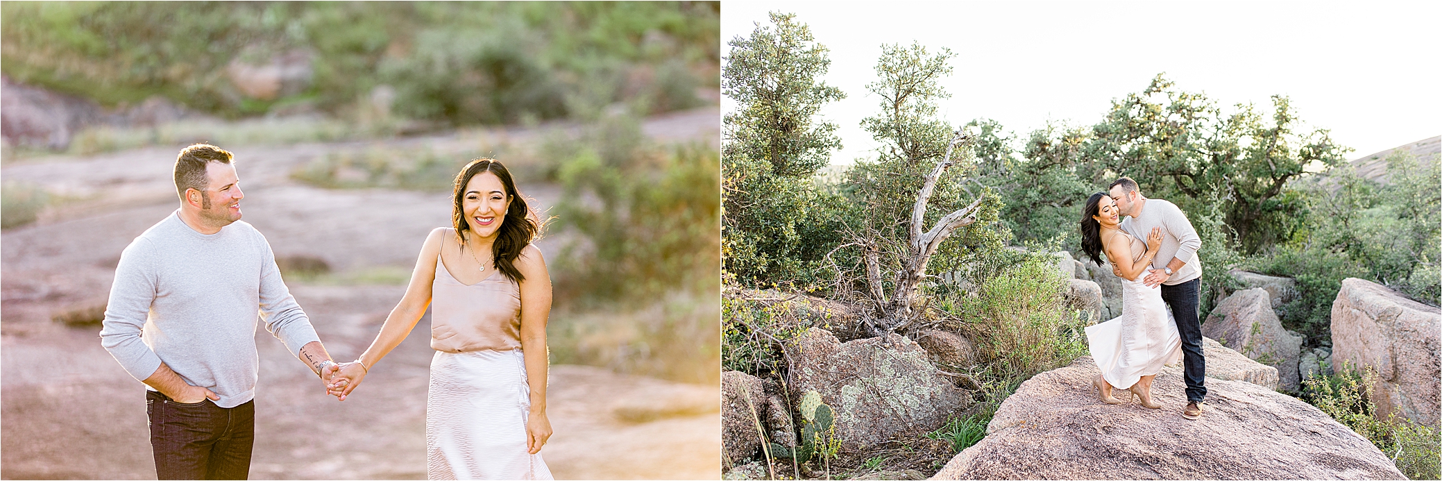 A couple holds hands and smiles as they walk through Enchanted Rock State Park during their Texas Hill Country Engagement Session 