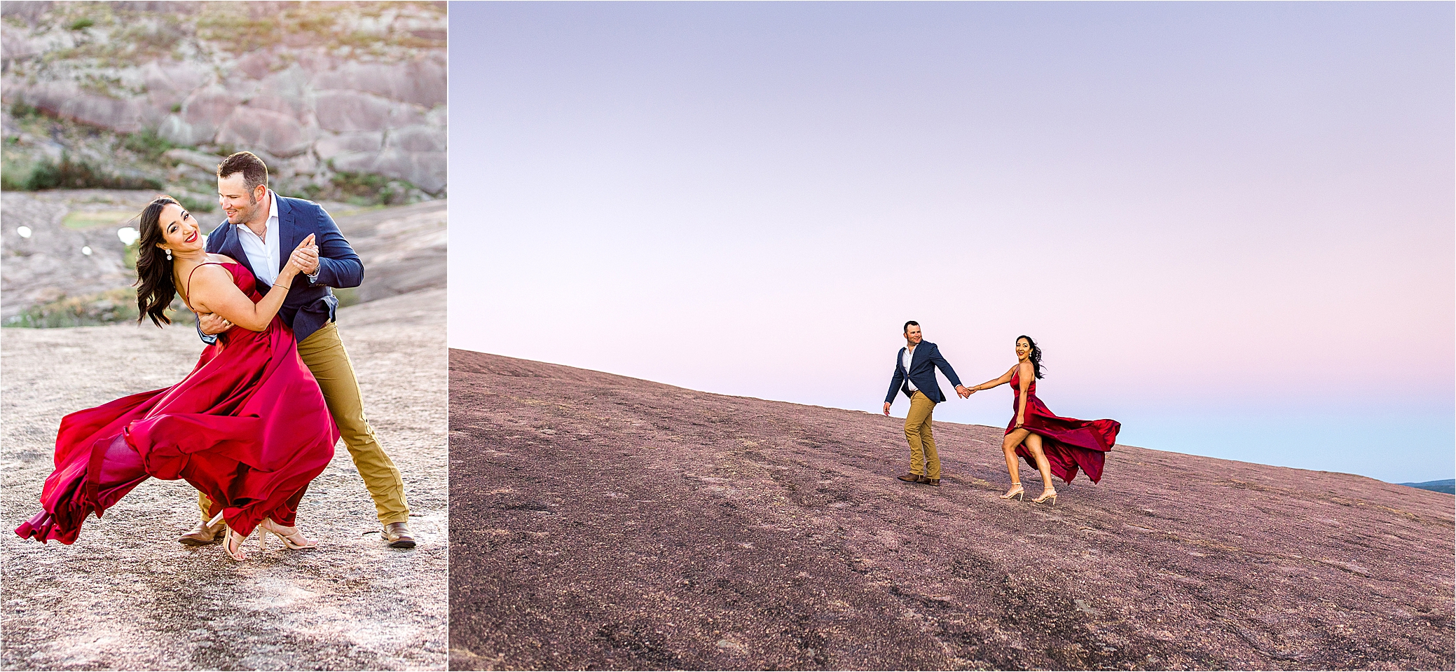 A couple looks as if they are walking on the moon in front of purple skies during their sunset engagement session at Enchanted Rock in The Texas Hill Country 