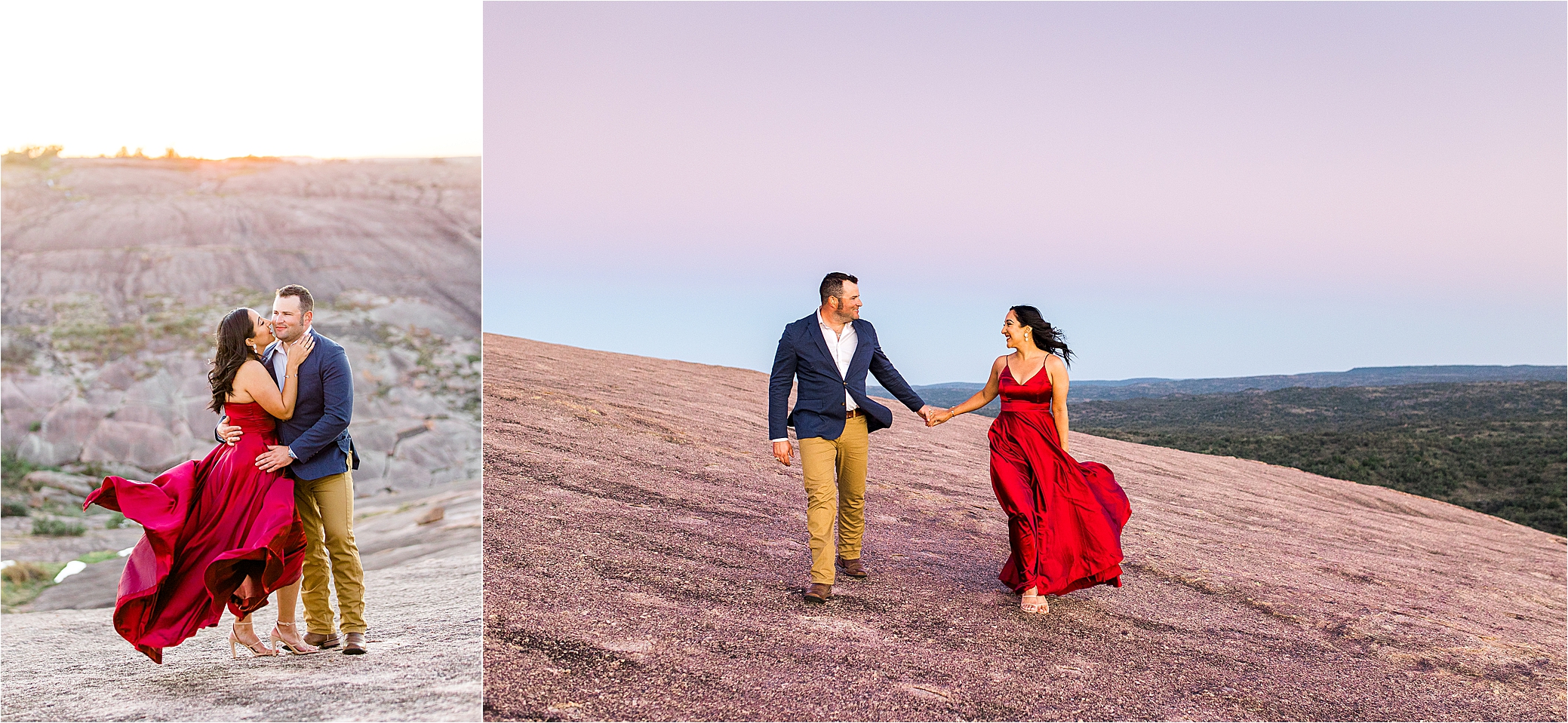 A couple holds hands and nuzzles wearing a flowy red dress and navy jacket during their enchanted rock engagement session at sunset with Texas Hill Country Wedding Photographer Jillian Hogan 