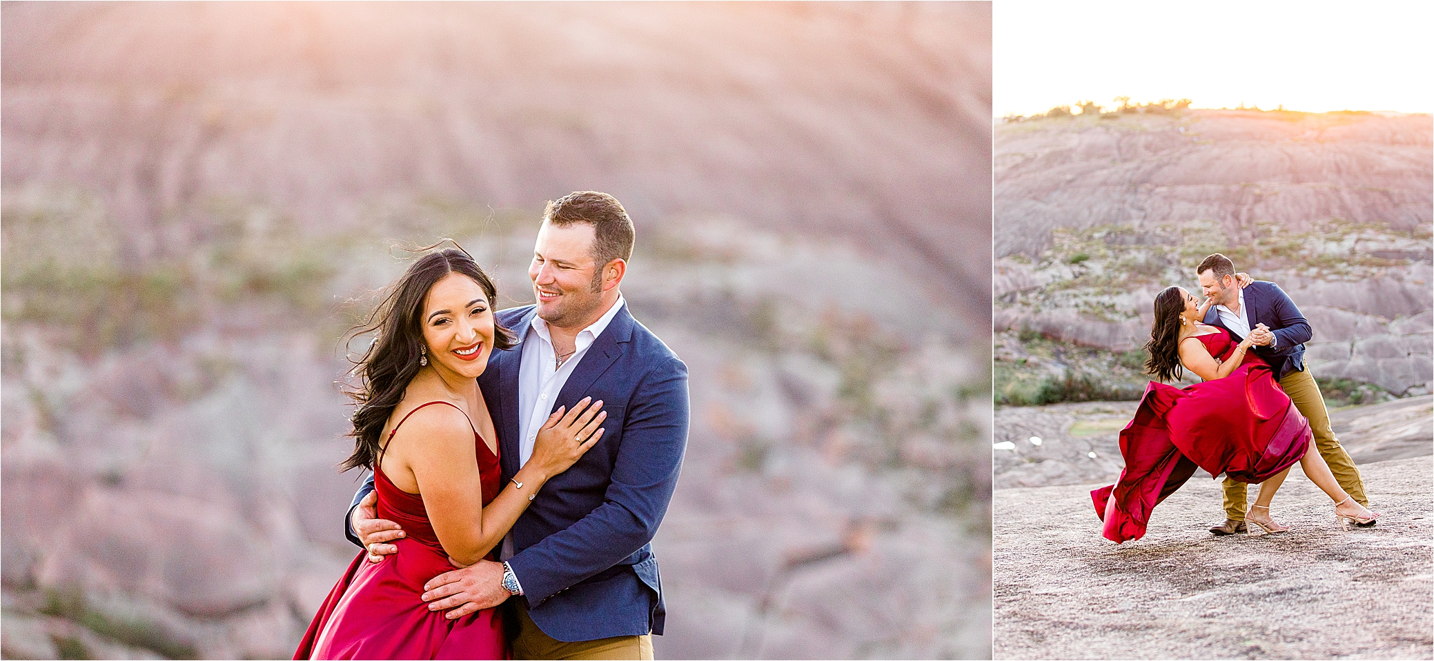 A couple laughs in front of the sunset during their Enchanted Rock Engagement Session with Hill Country Photographer Jillian Hogan 