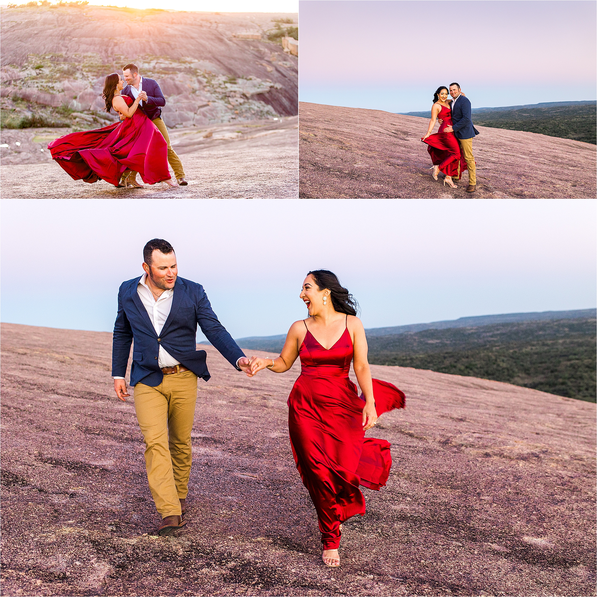 A couple holds hands in the wind as the girls red dress flows in the air on top of Enchanted Rock during their Texas Hill Country Engagement Session with Wedding Photographer Jillian Hogan 