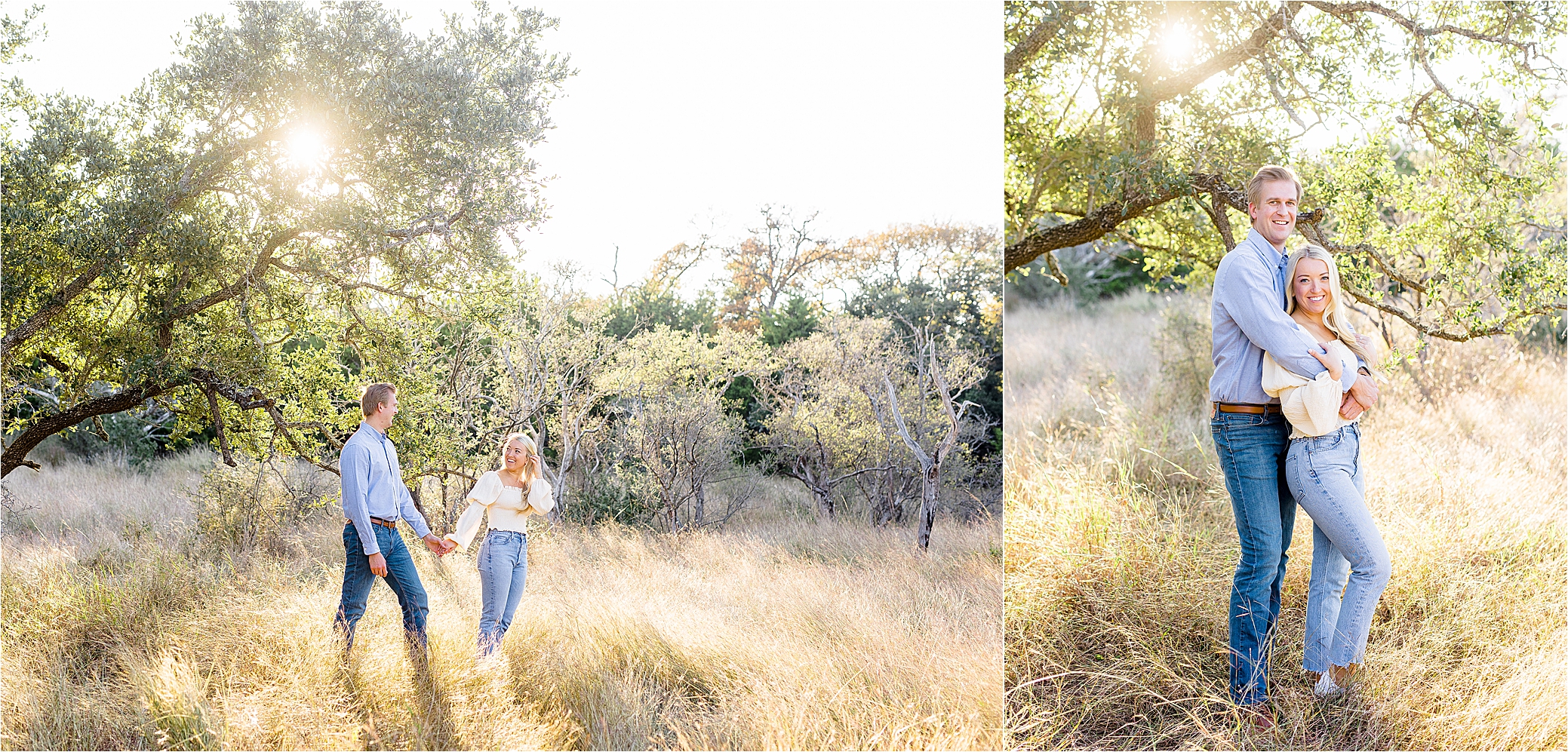 A couple dressed casually embrace in a field with sunshine peeking through their trees for their Guadalupe River State Park Engagement Session with Hill Country Wedding Photographer Jillian Hogan 