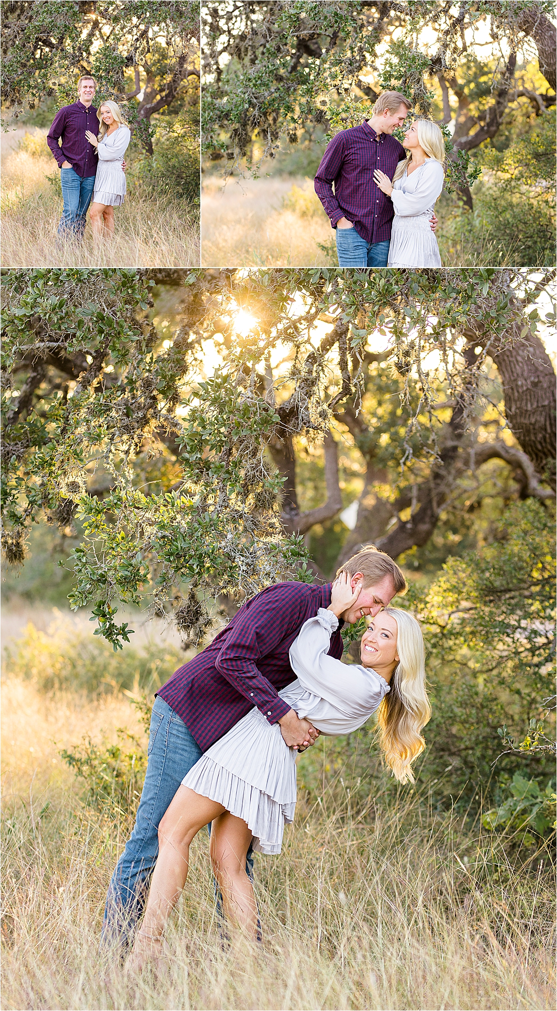 A couple embraces in a field with greenery behind them and he dips her back as she smiles in the sunshine during their Texas Hill Country Engagement Session 