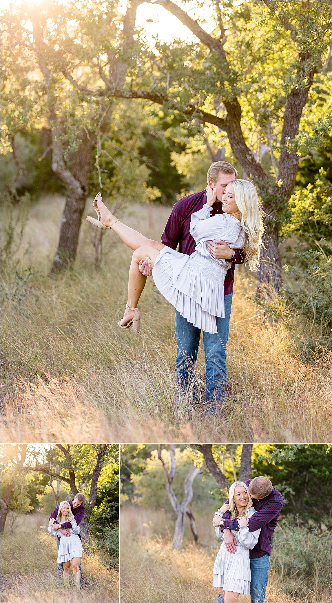 A guy in a maroon shirt lifts his bride to be as he whispers to her and she kicks her legs out laughing during their Texas Hill Country Engagement Session 